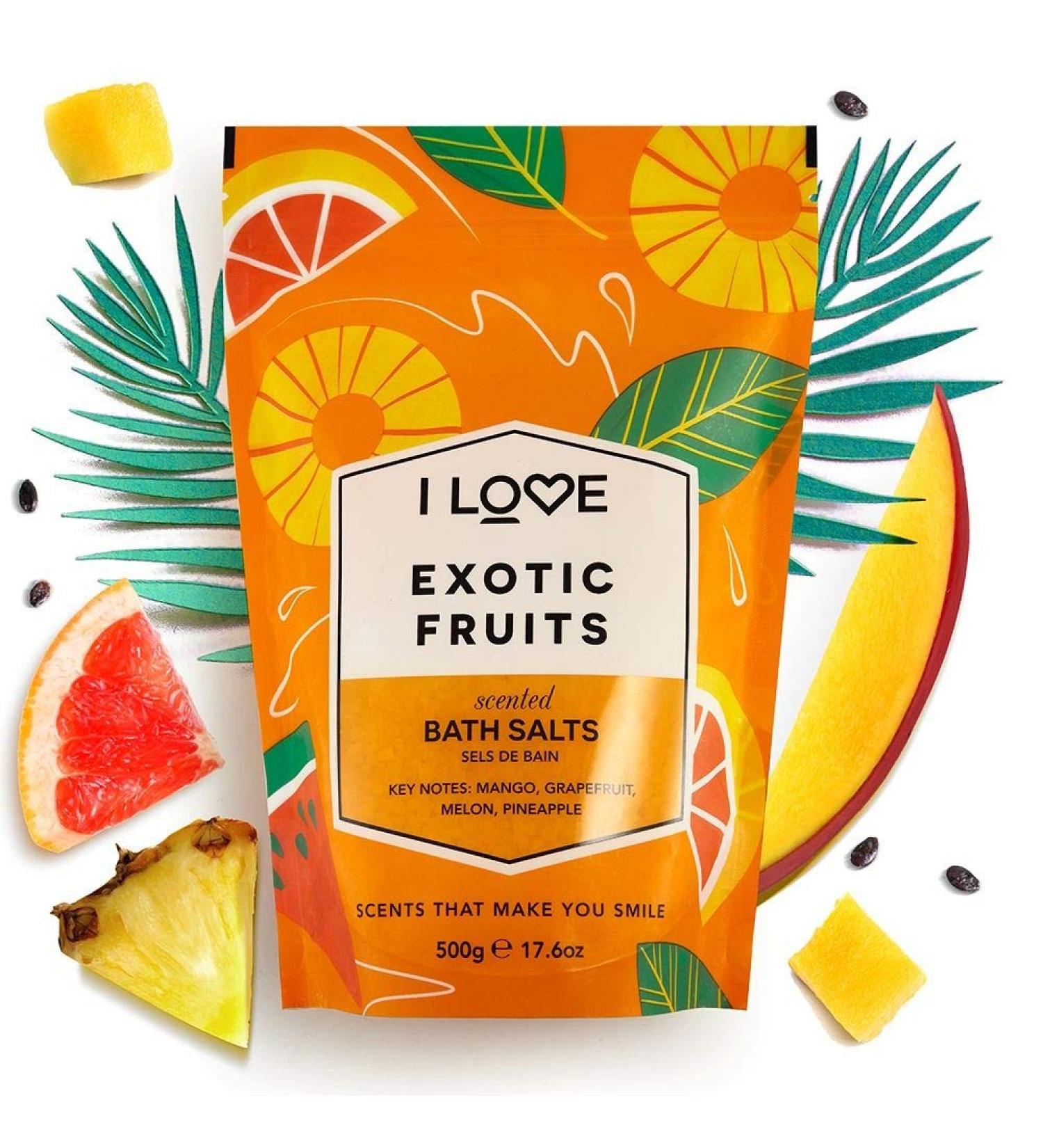 I love exotic fruits scented bath Salts with 99% NATURALY DERIVED Including ACB Bio-Water Bamboo Lightly Fribranced Leaving Skin Feeling Silky & Smooth vegan-Friendly-500G