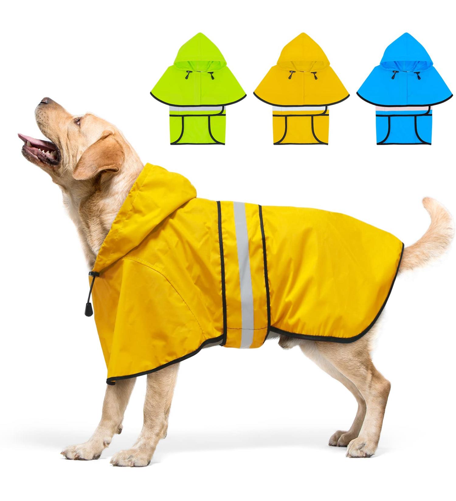Dolitego Large Yellow Reflective Dog Raincoat with Hoodie - Waterproof Adjustable Dog Poncho for Dog Walking - Buy Online on GoSupps.com