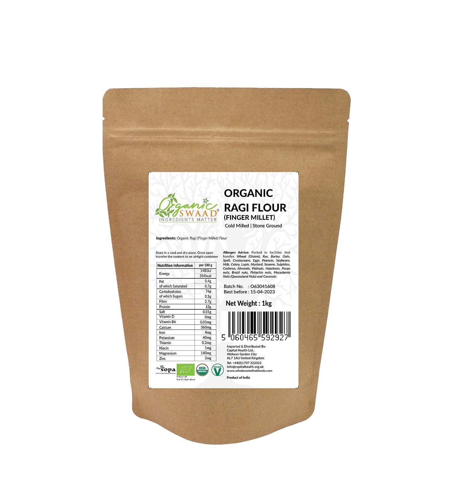 Organic Swaad Finger Millet (Ragi) Flour 1kg - EU USDA & India Organic Certified - Buy Online on GoSupps.com
