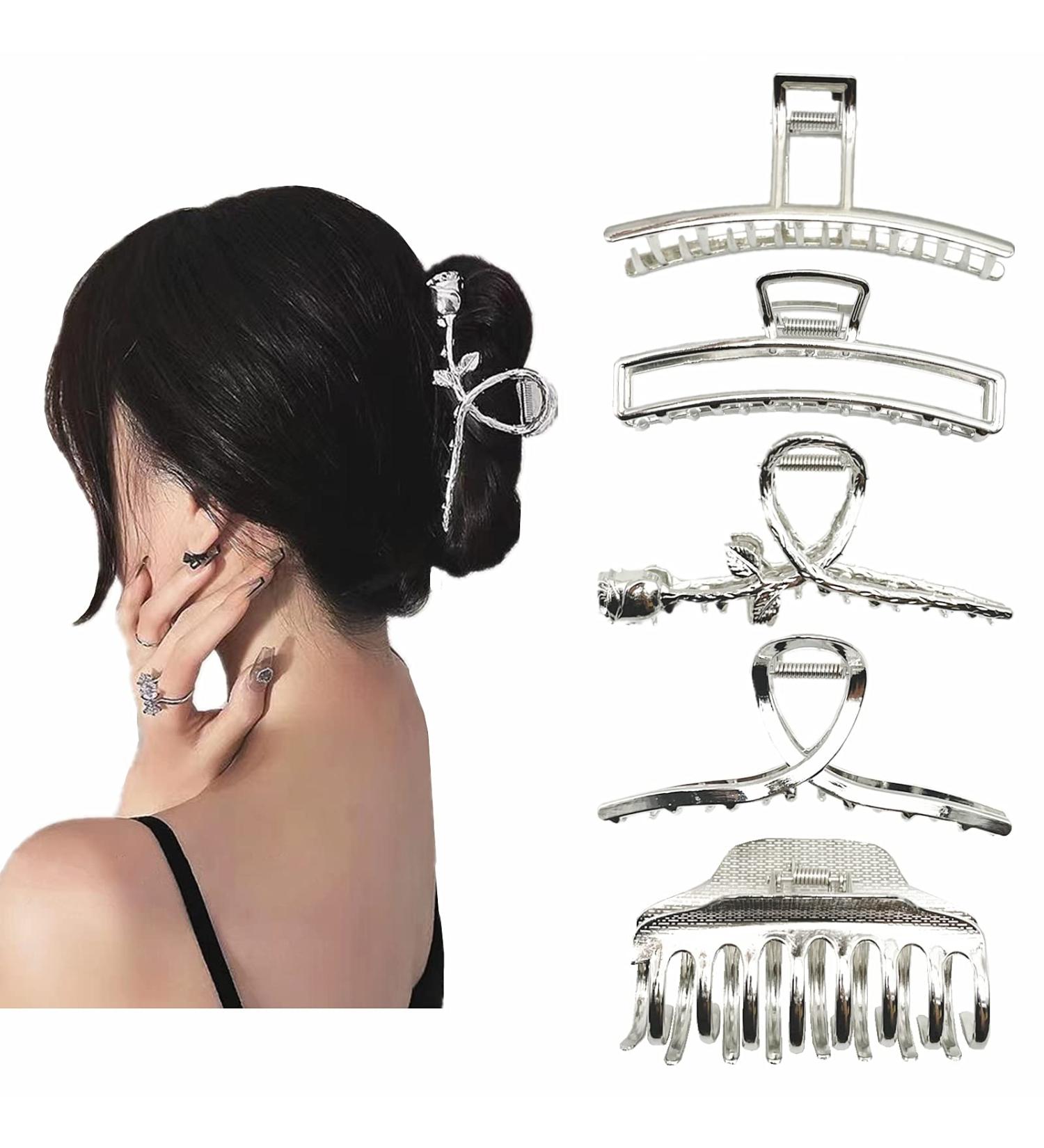 Dejngczs 5 Pack Large Hair Claw Clips for Thick Hair - Nonslip Flower Design, Strong Hold - Perfect for Styling - Birthday Gifts - Silver - Buy Online on GoSupps.com