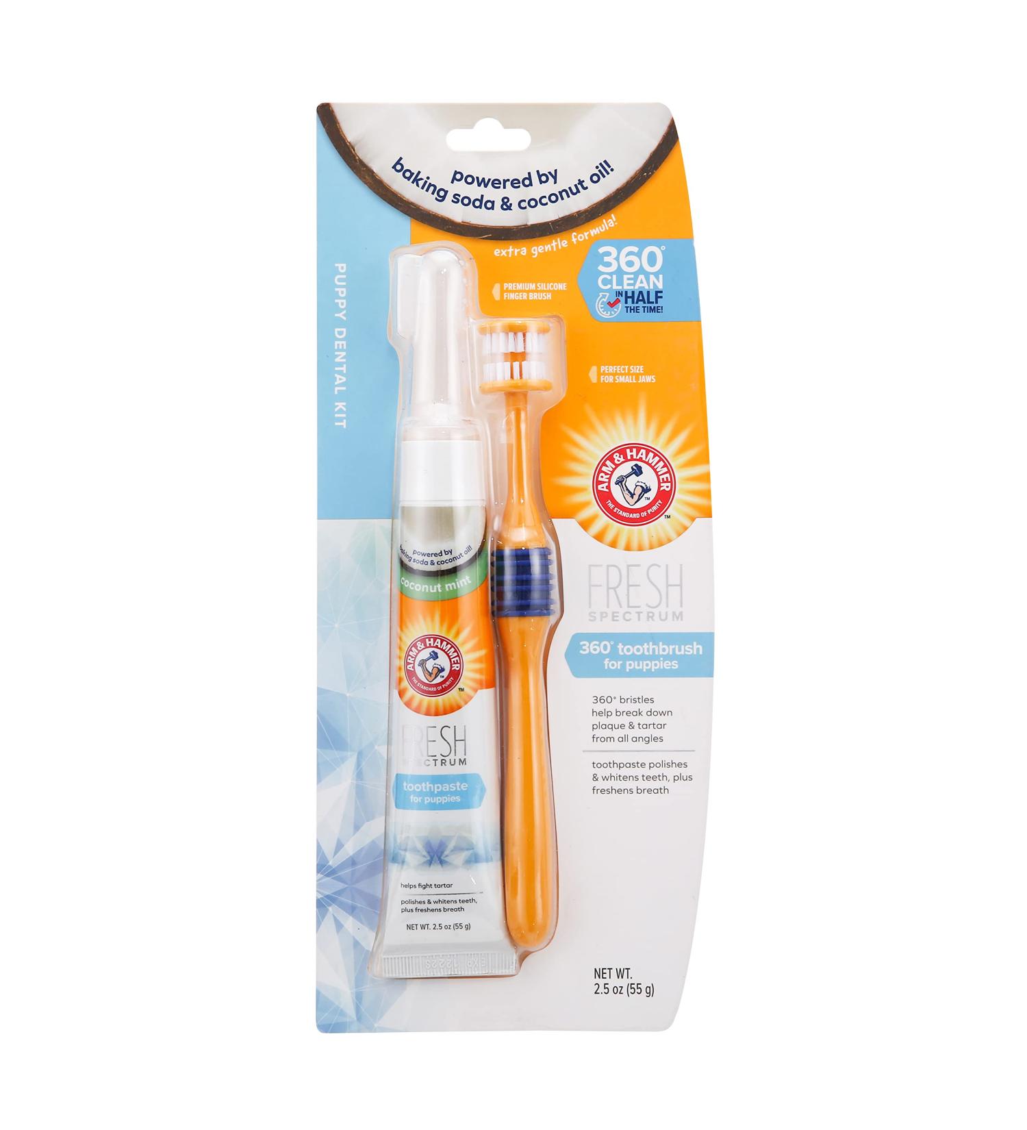 Arm & Hammer Puppy Dental Kits Coconut Fresh - Includes Toothpaste Toothbrush and Finger Brush. Reduces Plaque and Tartar for Healthy Gums - Buy Online on GoSupps.com