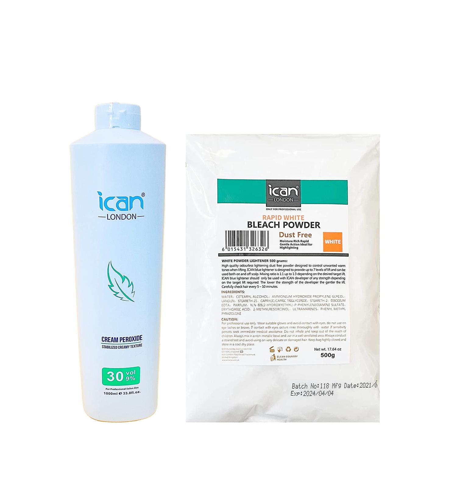 ICAN LONDON PROFESSIONAL CREAM PEROXIDE 30 VOL 9% 1000 ML + WHITE POWDER BLEACH 500 G COMBO SET - Buy Online on GoSupps.com