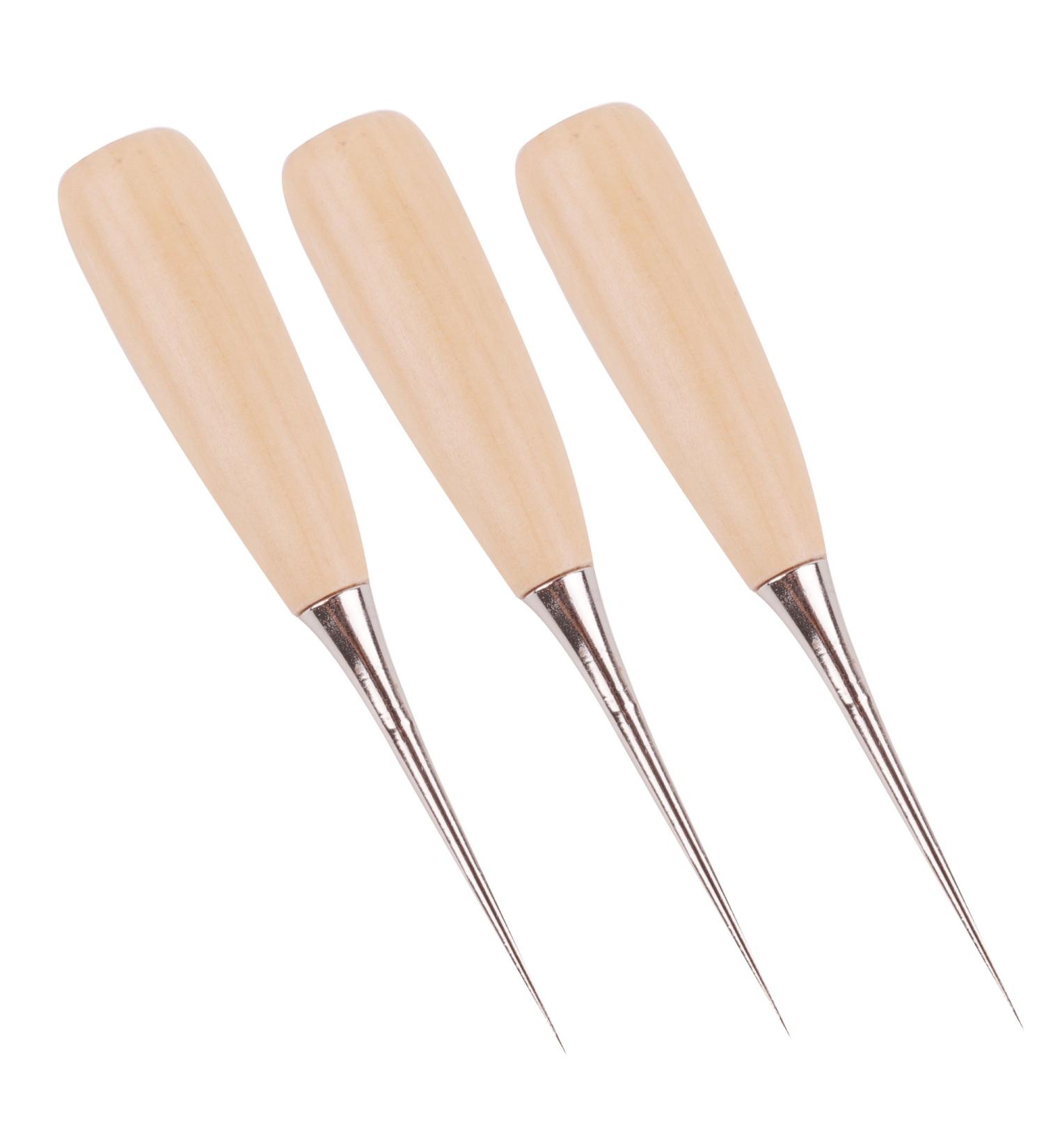 Eowpower 3PCS Wooden Handle Leather Drillable Stitching Sewing Awl Repair DIY Gadget Tool