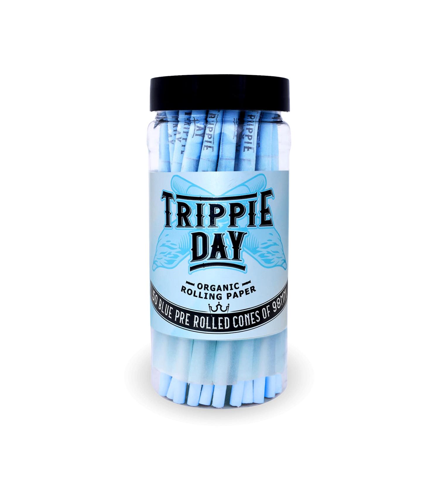 Trippie Day Blue Pre rolled cones | 50 Pack | Vegan & Non GMO | No chemical colors used | Slow burning 98mm Special cones - Buy Online on GoSupps.com