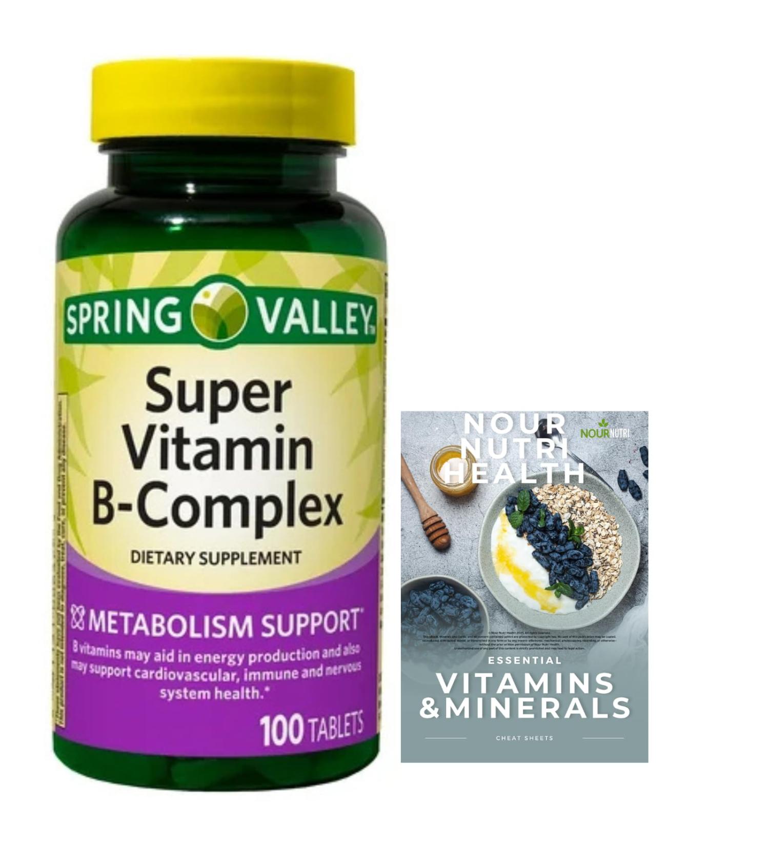 Nour Nutri Health Pack of 1 SV Super Vitamin B-Complex Tablets Dietary Supplement Value Size 100 Count (Over 3 Months Supply)+ Exclusive nnh e-Book Vitamin Guide Included - Buy Online on GoSupps.com