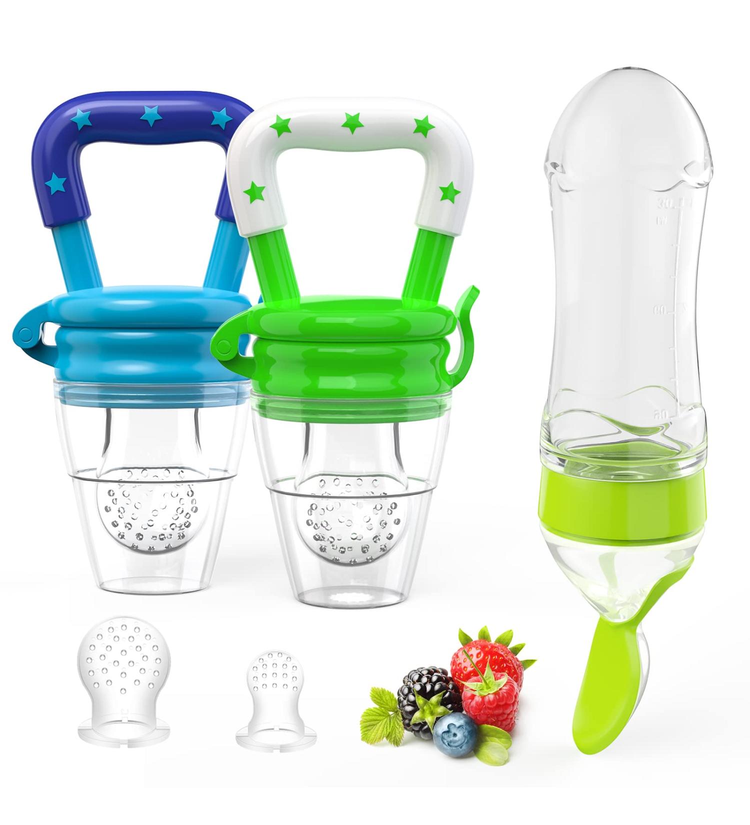 HAOBAOBEI Baby Fresh Fruit/Food Feeder Pacifier (2 Pcs) - Silicone Teething Toys with 2 Sized Pouches, Spoon, Bottle Brush - Blue&Green Set - Buy Online on GoSupps.com