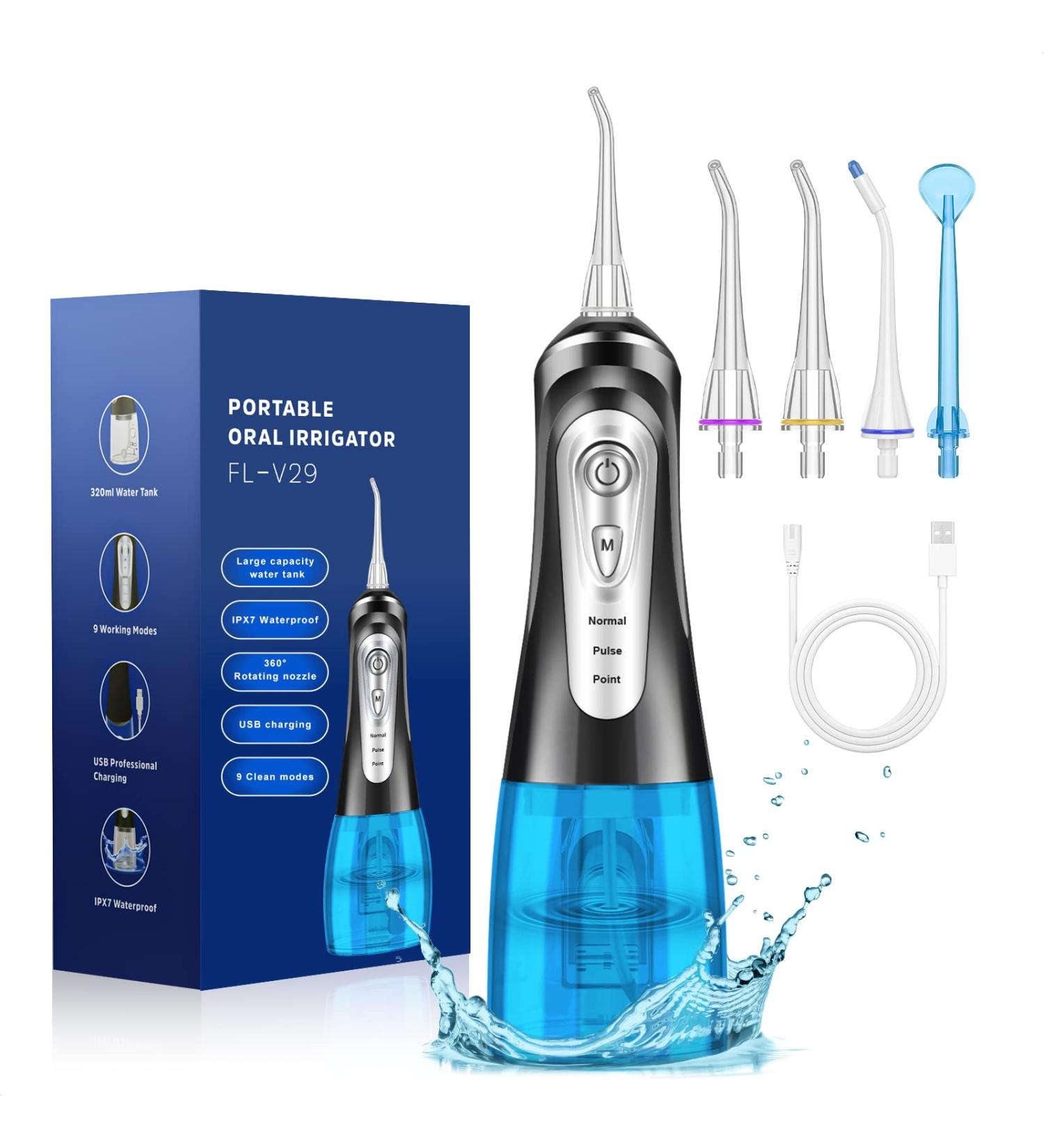 Cordless Water Flosser Teeth Cleaner | 9 Modes 320ML Portable Oral Irrigator | IPX7 Waterproof Dental Flosser for Braces | Home & Travel | Oral Care & Teeth Whitening - Black - Buy Online on GoSupps.com