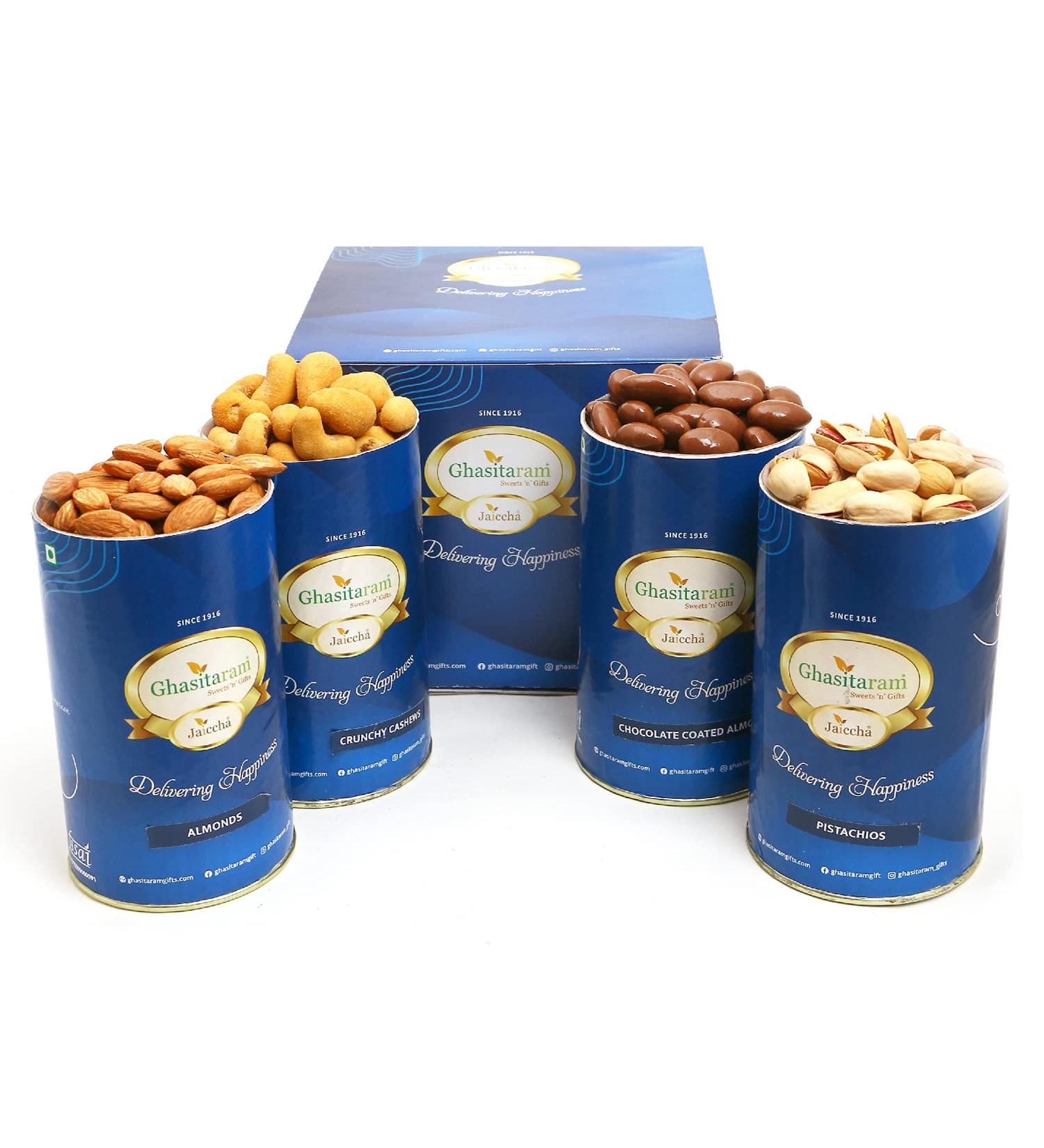Jaiccha Ghasitaram Crunchy Cashews Almonds Pistachios Chocolate Almonds Cans|Gift for Diwali Gifts Bhaidooj Gifts| Crunchy Cashews Almonds Pista Choco Almonds Can - Buy Online on GoSupps.com