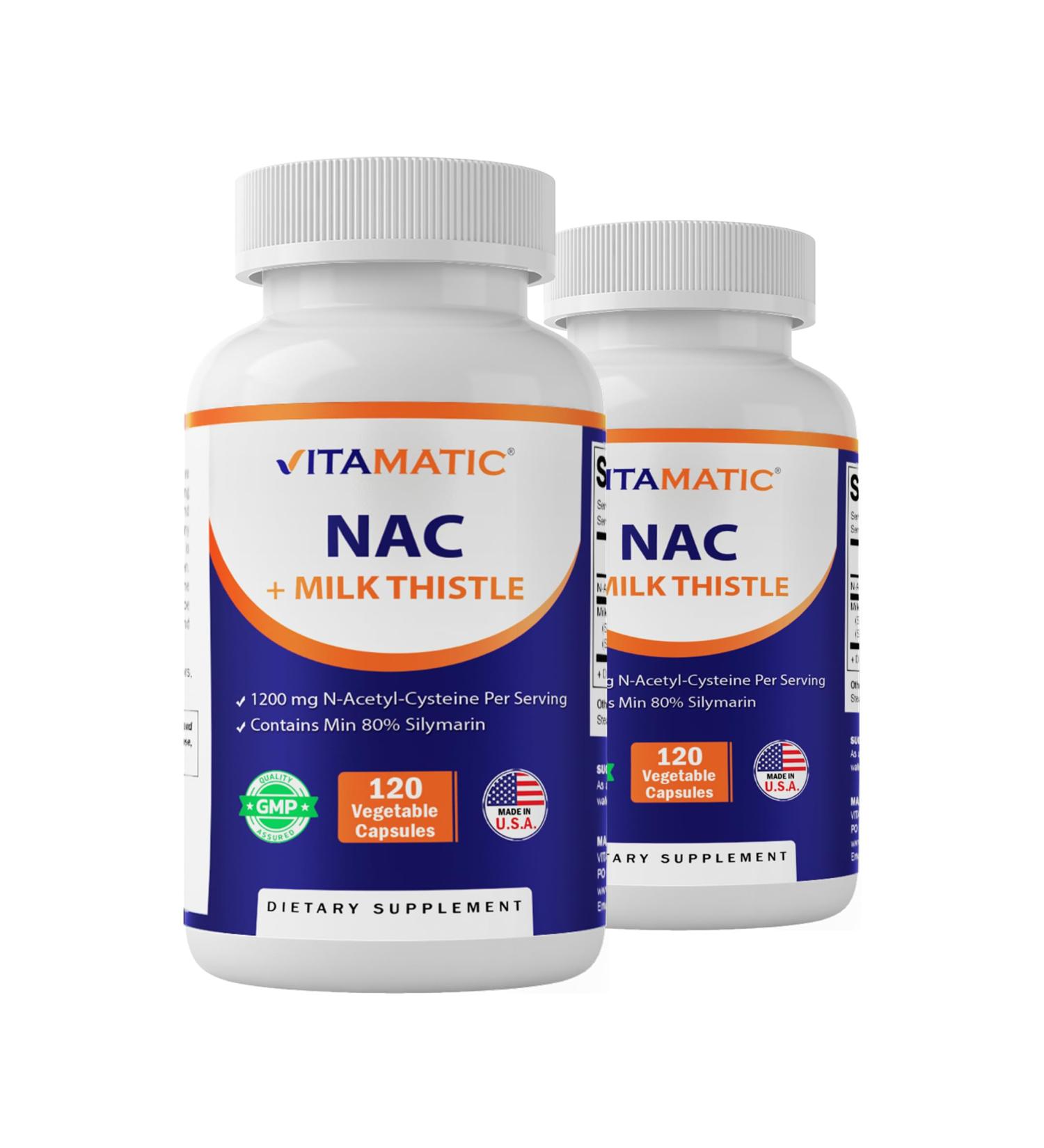 Vitamatic NAC Supplement N-Acetyl-L-Cysteine (NAC) with Milk Thistle 50:1 Extract - Supports Immune Respiratory Liver Health 1200 mg per Serving 120 Veg Capsules - 2 Pack - Buy Online on GoSupps.com