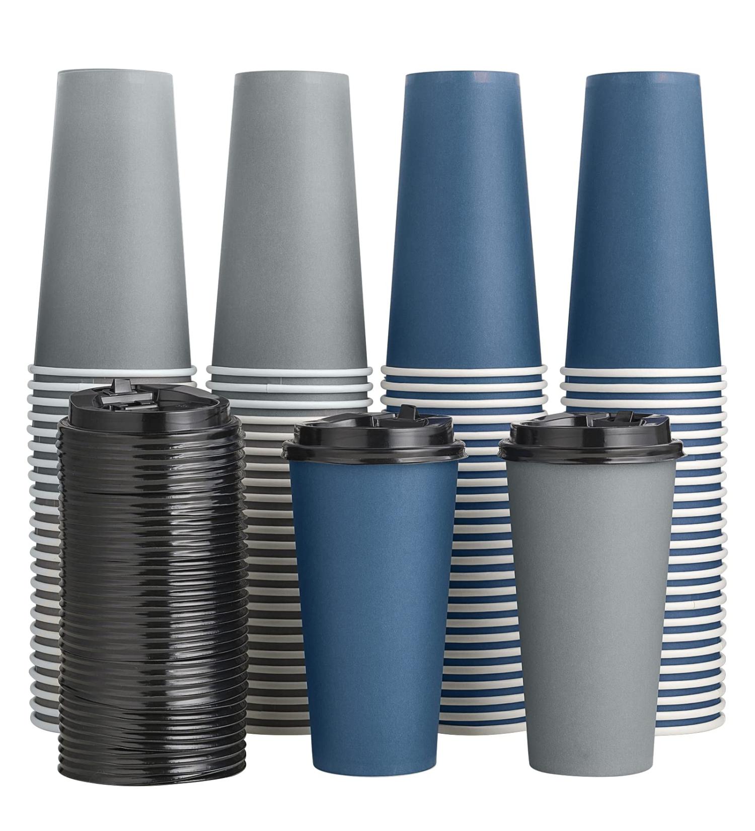 100 Pack 20 oz Blue & Gray Paper Coffee Cups with Lids - Disposable Drinking Cups for Hot/Cold Coffee, Water, Juice, Tea - Ideal for Home, Restaurant, Store, Cafe - Buy Online on GoSupps.com
