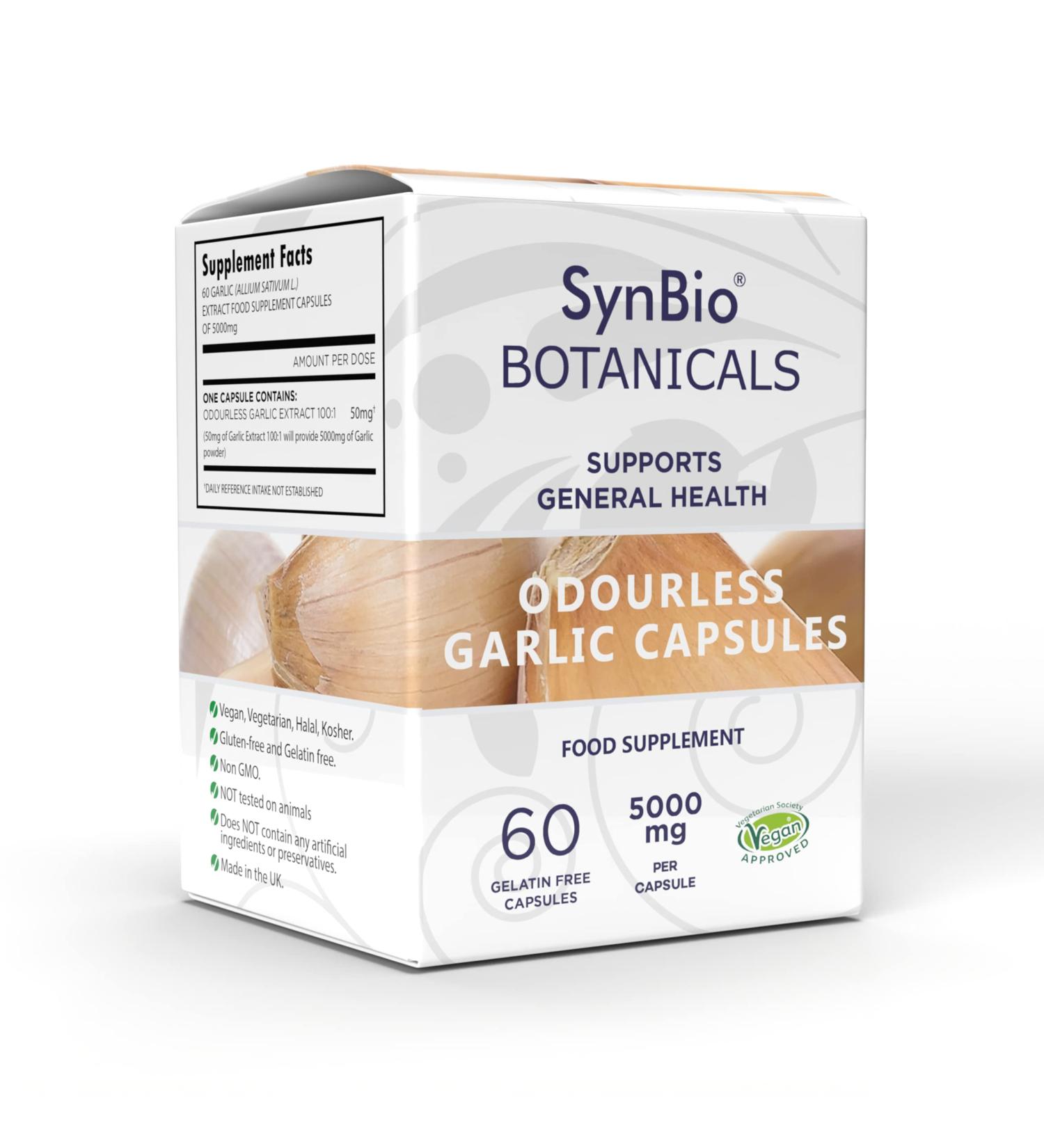 SynBio Botanicals Odourless Garlic Capsules 5000mg - Vegan, Made in UK, Gluten Free | Non GMO, Soy Free, Nut Free | Kosher, Halal - Supports Wellbeing - Buy Online on GoSupps.com