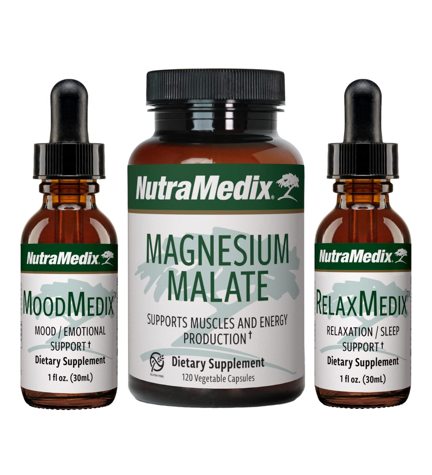 NutraMedix Stress Support Bundle - Supplements for Stress Support and Healthy Stress Response - Includes Magnesium Malate, MoodMedix & RelaxMedix - Liquid Extracts & Capsules for Stress - 3-Piece Set - Buy Online on GoSupps.com