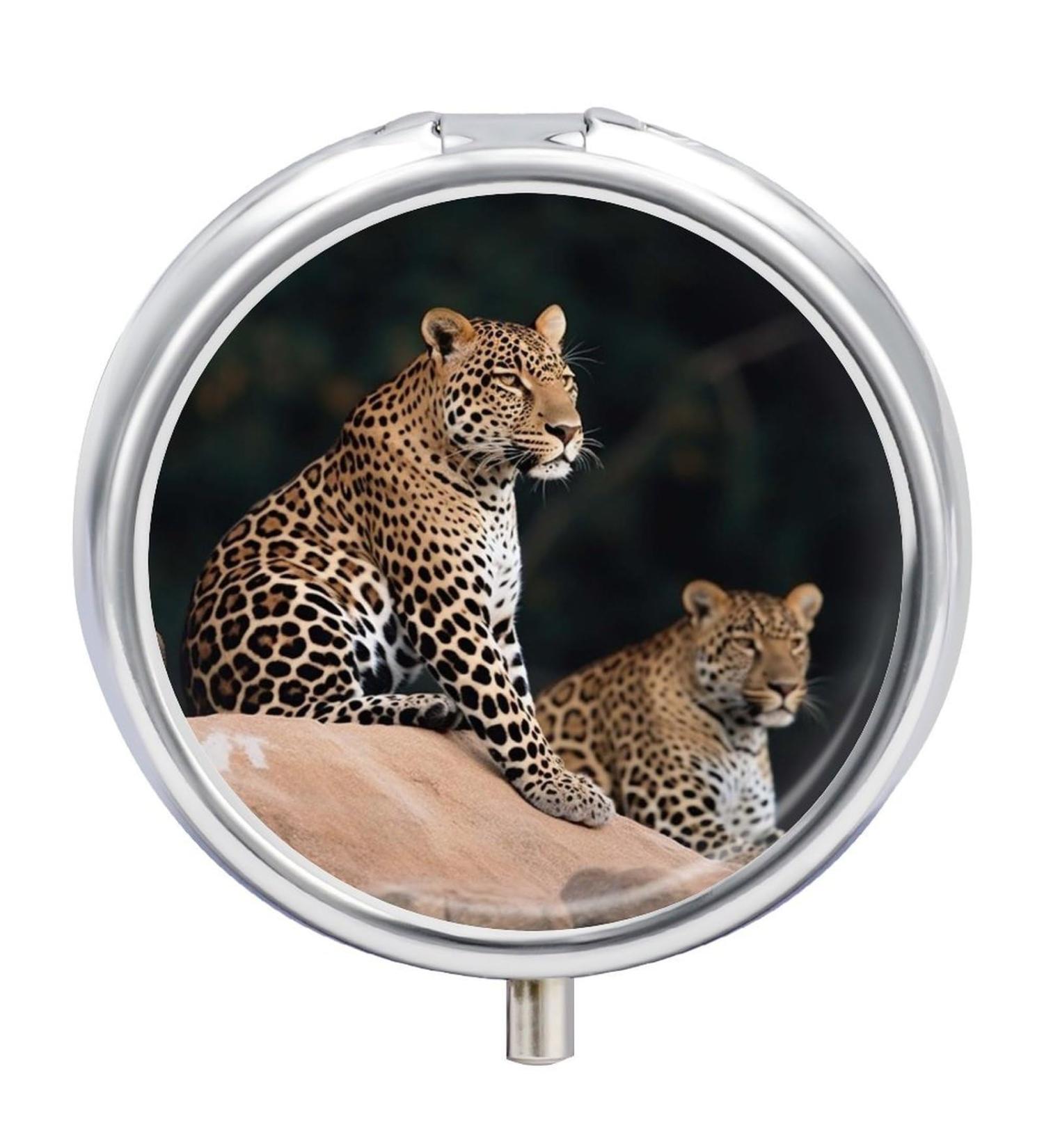 Round Pill Box - African Leopard Print | 3 Compartment Portable Pill Organizer | Decorative Metal Pocket Pill Case - Buy Online on GoSupps.com
