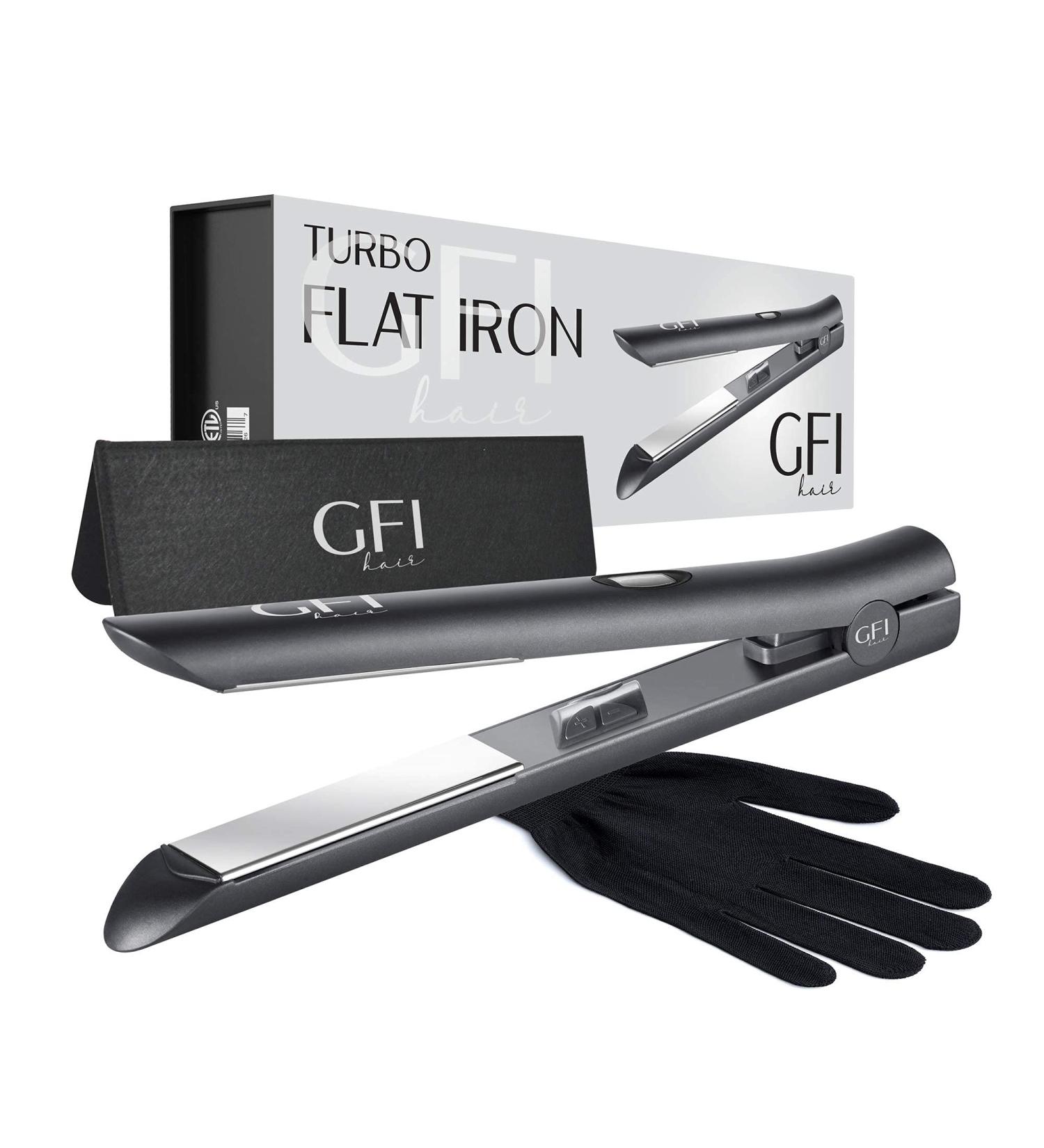 GFI Titanium Flat Iron Hair Straightener with Turbo Heating Element - Adjustable Temperature Control for All Hair Types - Includes Pouch and Heat-Resistant Glove - Buy Online on GoSupps.com