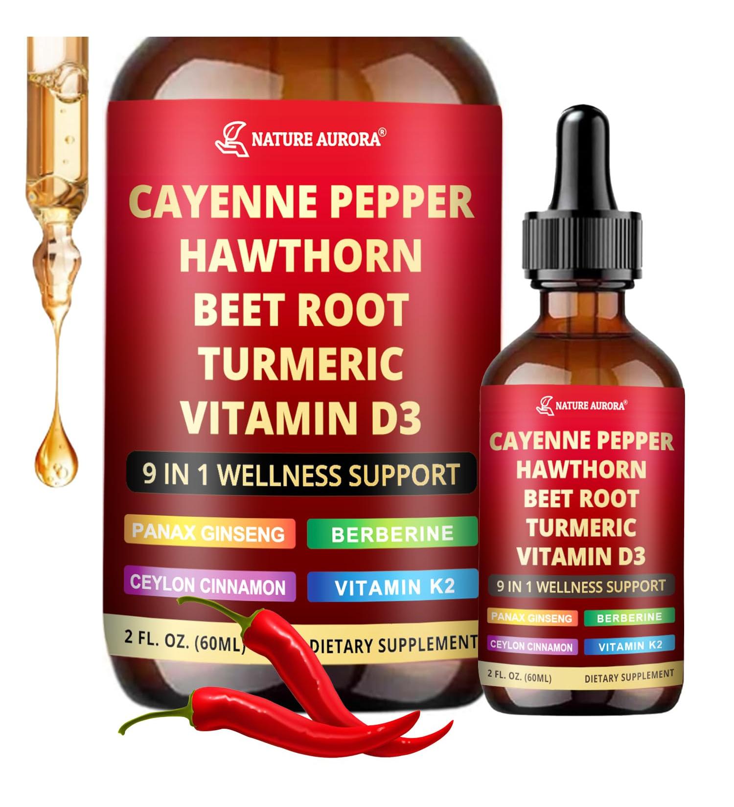 9 in1 Cayenne Pepper Liquid Drops - Cayenne Pepper Extract Drops Supplement Liquid + Hawthorn Berry Beetroot Turmeric Vitamin K2 & D3 - Digestion Immune and Circulation Support - 2 Fl Oz 2.0 oz (Pack of 1) - Buy Online on GoSupps.com