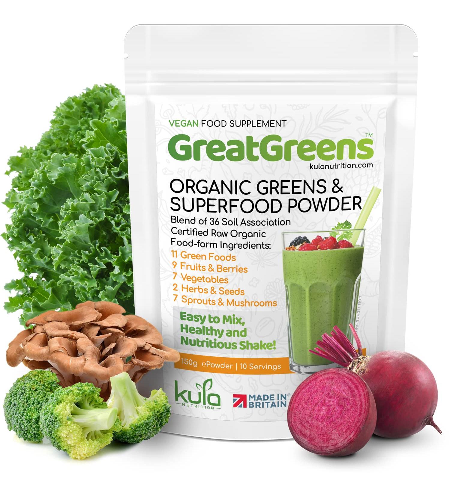 GreatGreens Organic Greens Superfood Powder - 150g - 36 Raw Soil Association Certified Organic Food Form Ingredients - Nutritious Organic Greens Supplement - High Fibre Daily Greens Smoothie Drink - Buy Online on GoSupps.com
