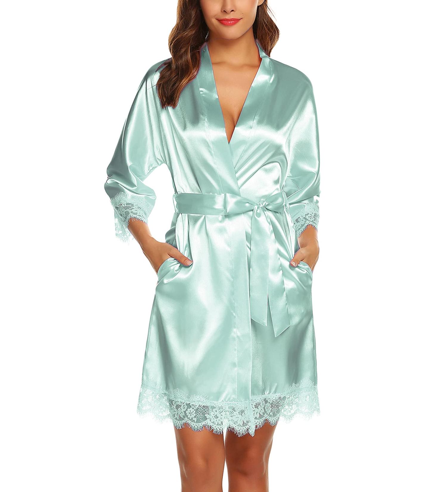 BESDEL Women's Satin Silk Bathrobe | Oblique V-Neck Kimono Robe | XXL Mint Green - Buy Online on GoSupps.com