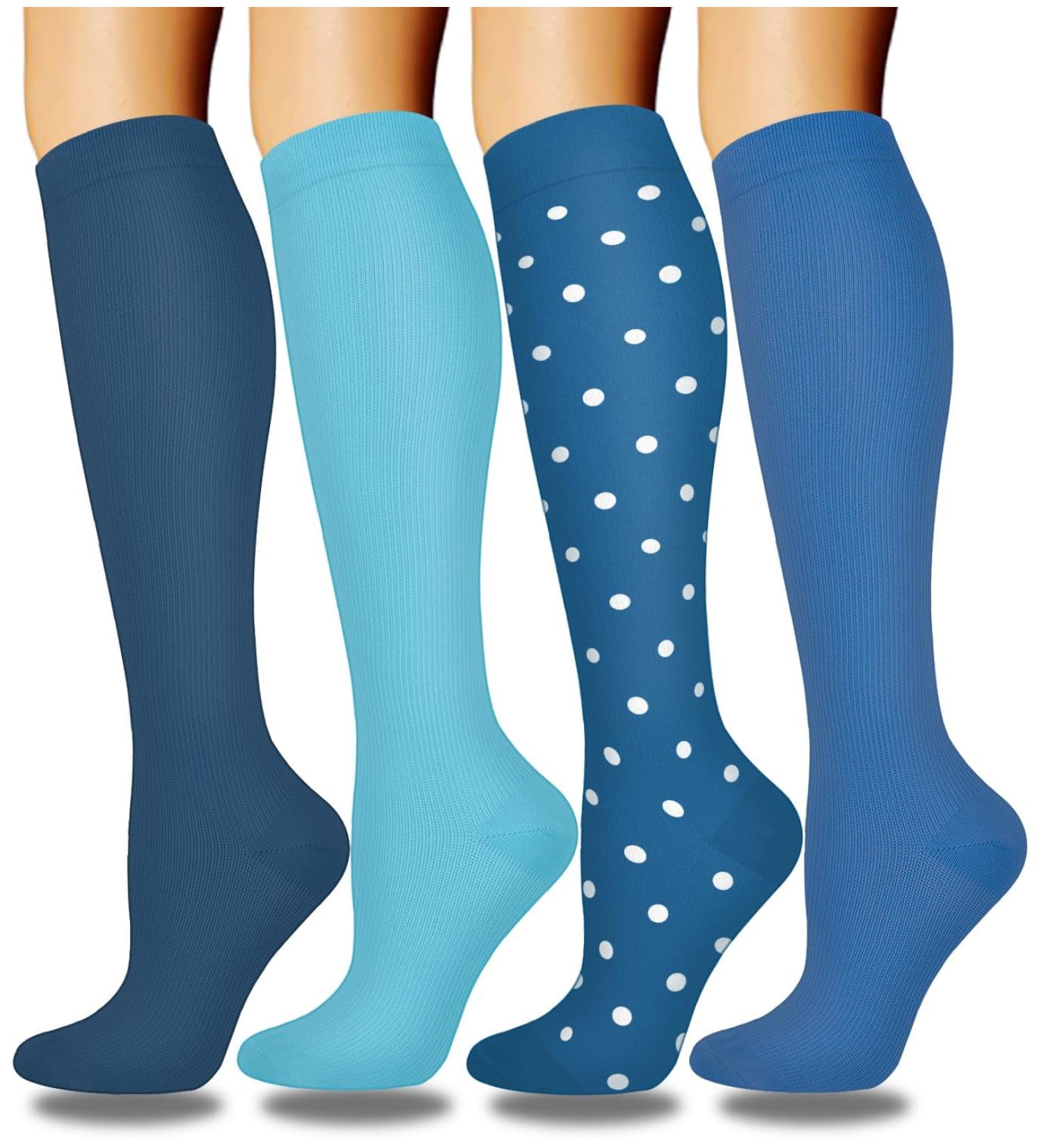Actinput Compression Stockings for Men & Women - 4 Pairs - Colorful Support Socks for Sports Travel Running & Nursing - Size L-XL - Blue - Buy Online on GoSupps.com