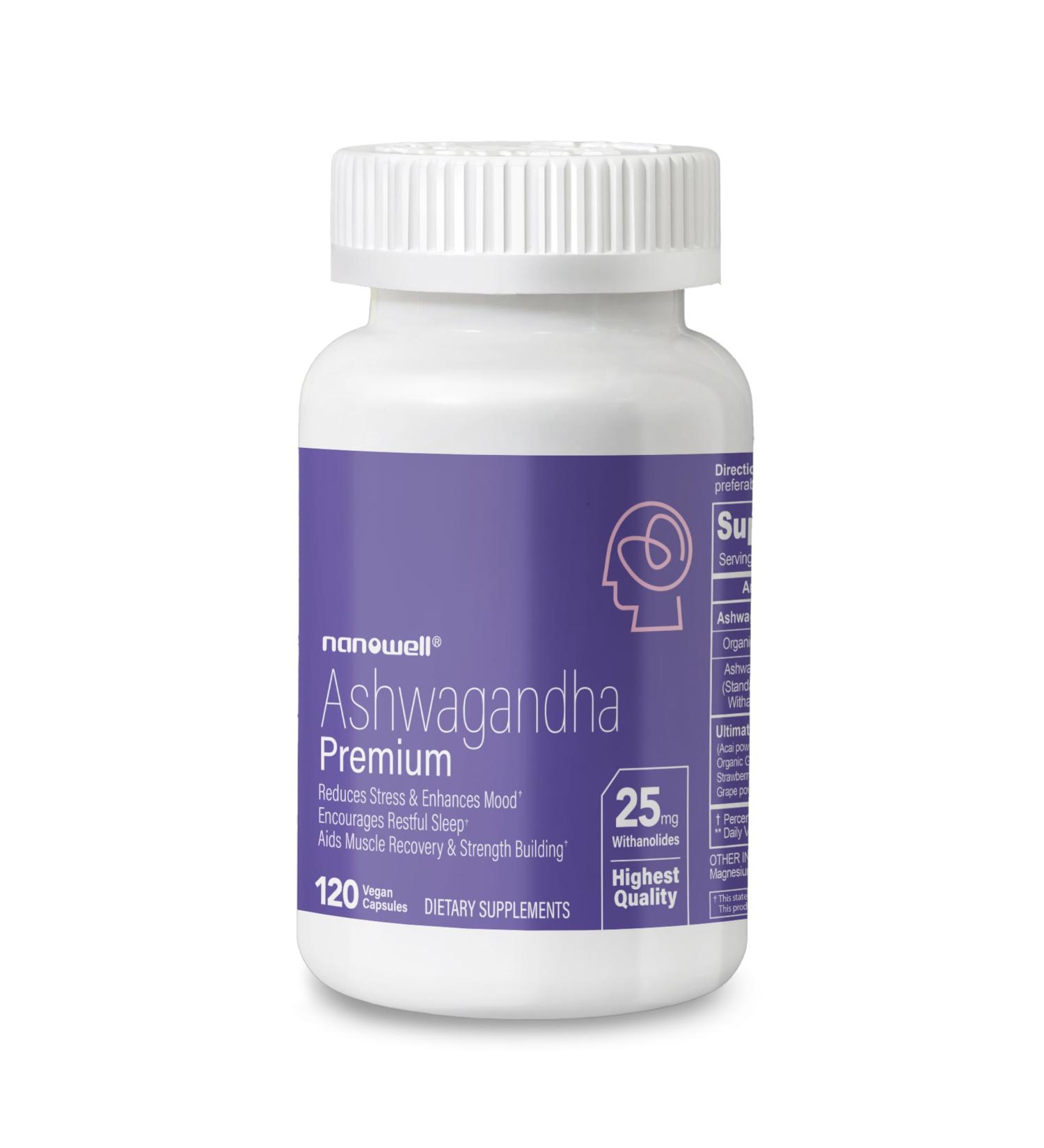 NANOWELL Ashwagandha Premium - 120 Vegan Capsules High Potency 5% Withanolides Root Extract Organic Ashwagandha Powder Mixed Berries - Supports Relaxation & Mood Balance - 60 Servings 120 Count (Pack of 1) - Buy Online on GoSupps.com
