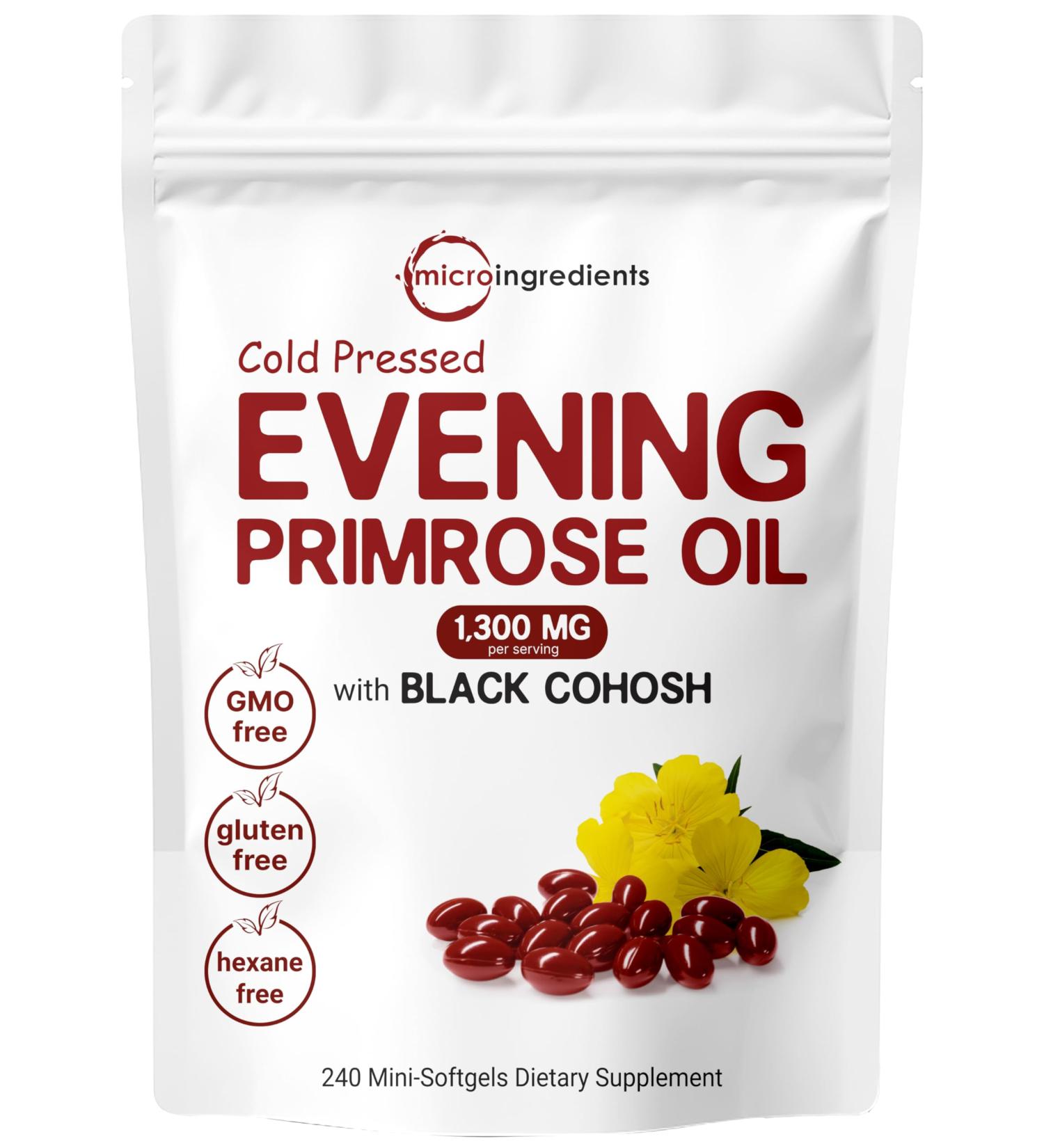 Micro Ingredients Evening Primrose Oil 1300mg Per Serving 240 Softgels | Enhanced with 40mg Black Cohosh Extract Cold Pressed 10% Active GLA Non-GMO No Gluten Easy to Swallow - Buy Online on GoSupps.com