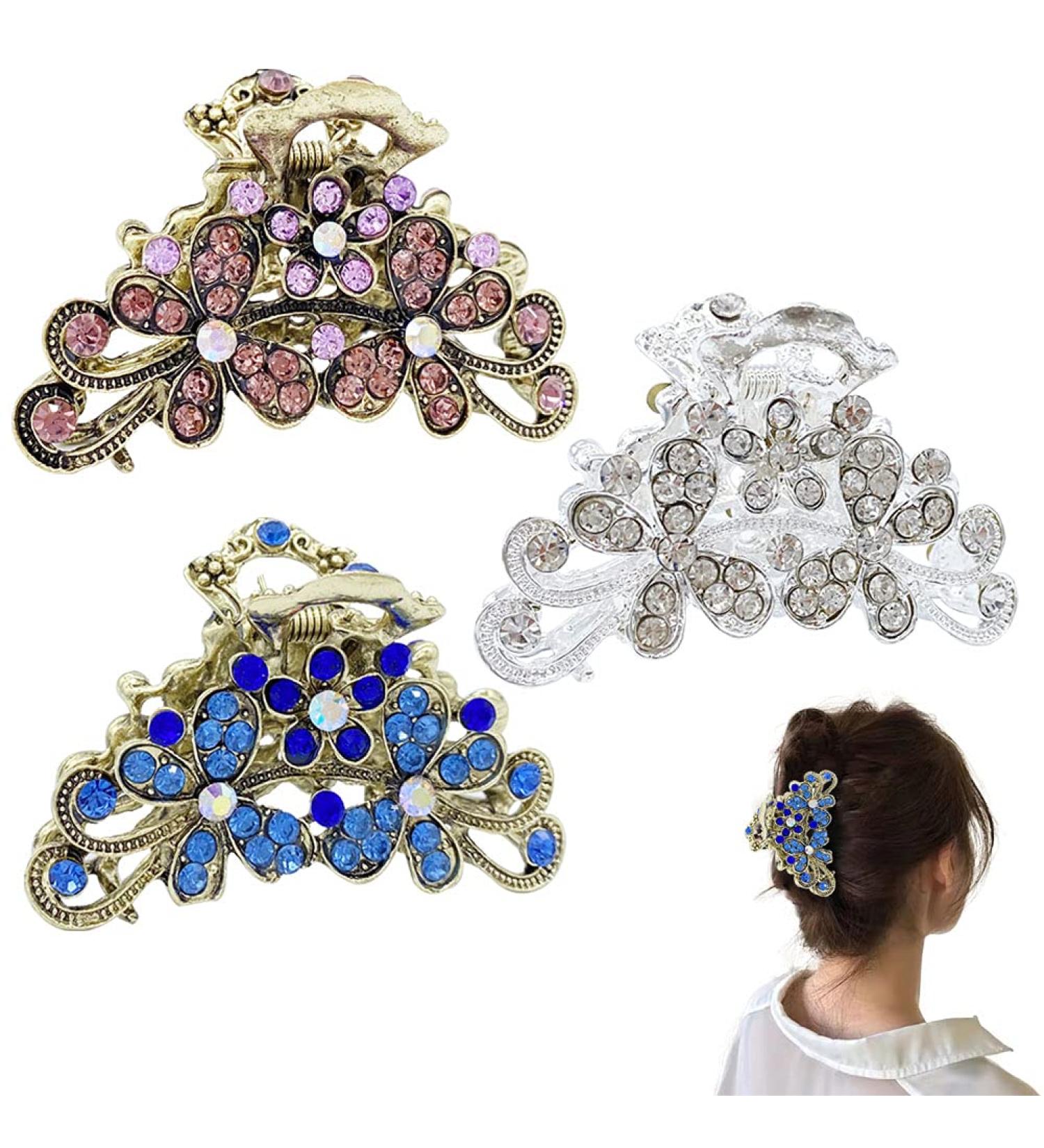 3 Pcs Vintage Rhinestone Hair Claw Set - Fancy Hair Clips for Women - Decorative Flowers Hair Barrette - Purple/Silver/Sky Blue - Buy Online on GoSupps.com