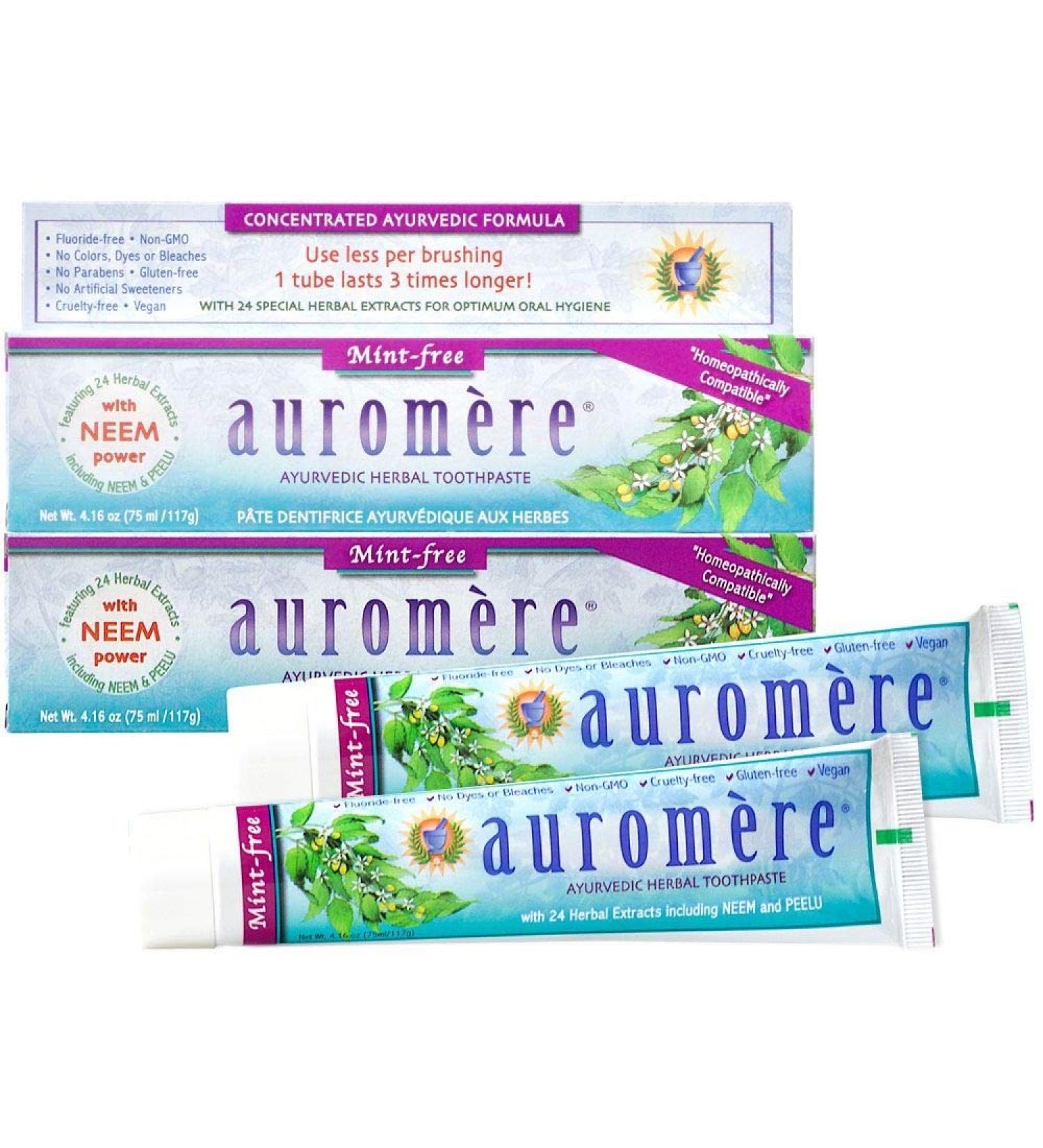 Auromere Ayurvedic Herbal Toothpaste Mint Free - Vegan Natural Non GMO Fluoride Free Gluten Free with Neem & Peelu (4.16 oz) 2 Pack