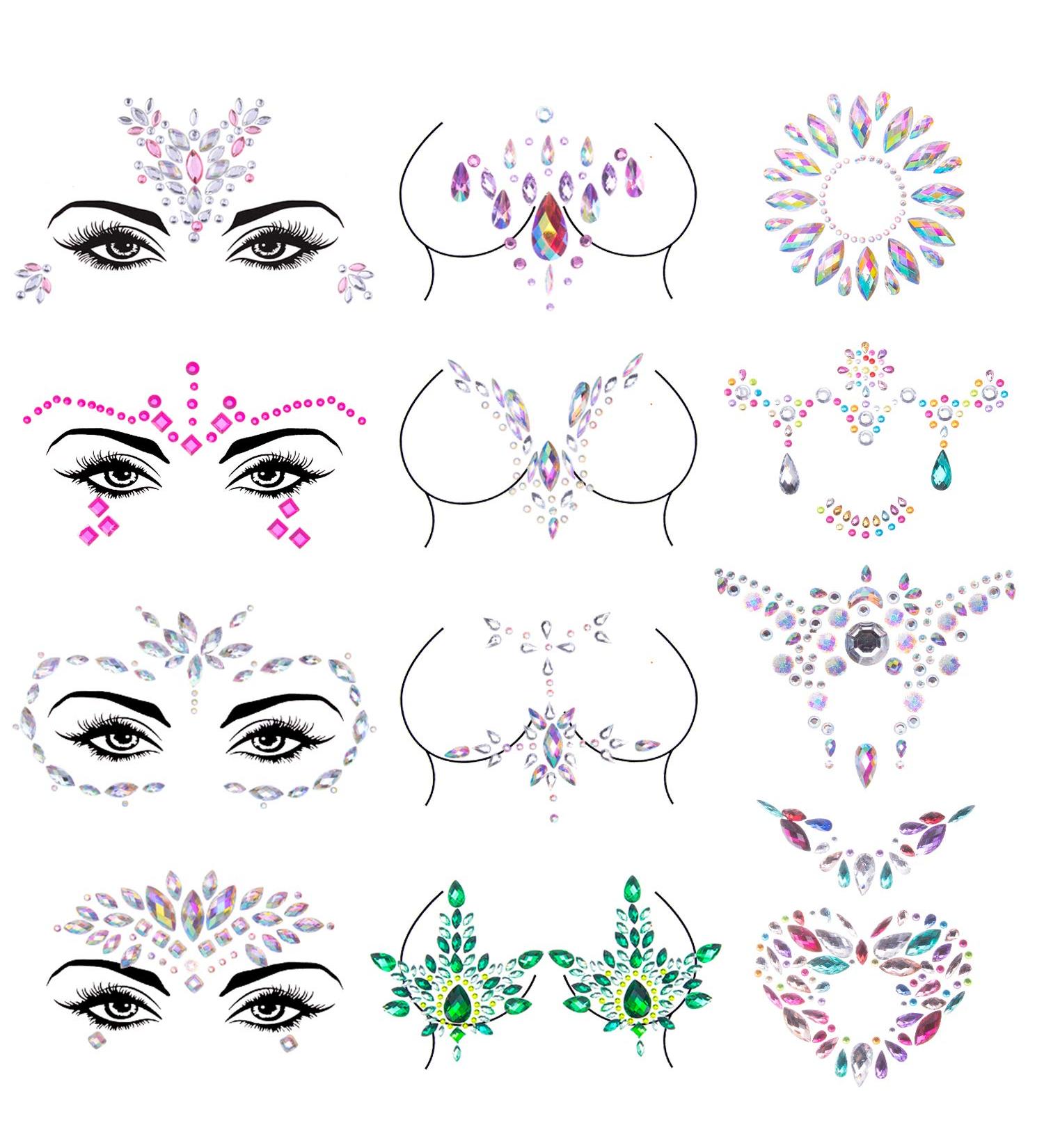 Duufin 12 Sets Rave Jewels - Mermaid Face Gems & Crystal Tears Temporary Tattoos for Festival Party - Buy Online on GoSupps.com