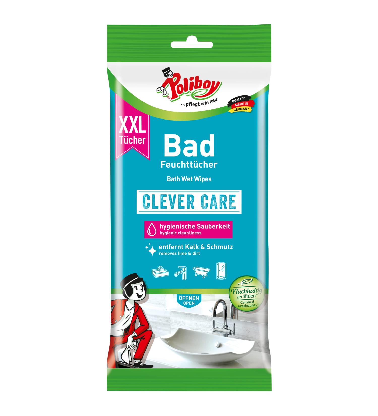 Poliboy - XXL bathroom wet wipes - powerful & thorough cleaning - Remove lime dirt and soap remnants - 1 x 24 xxl cloths - Made in Germany Bad XXL 24 pieces (1 Pack)