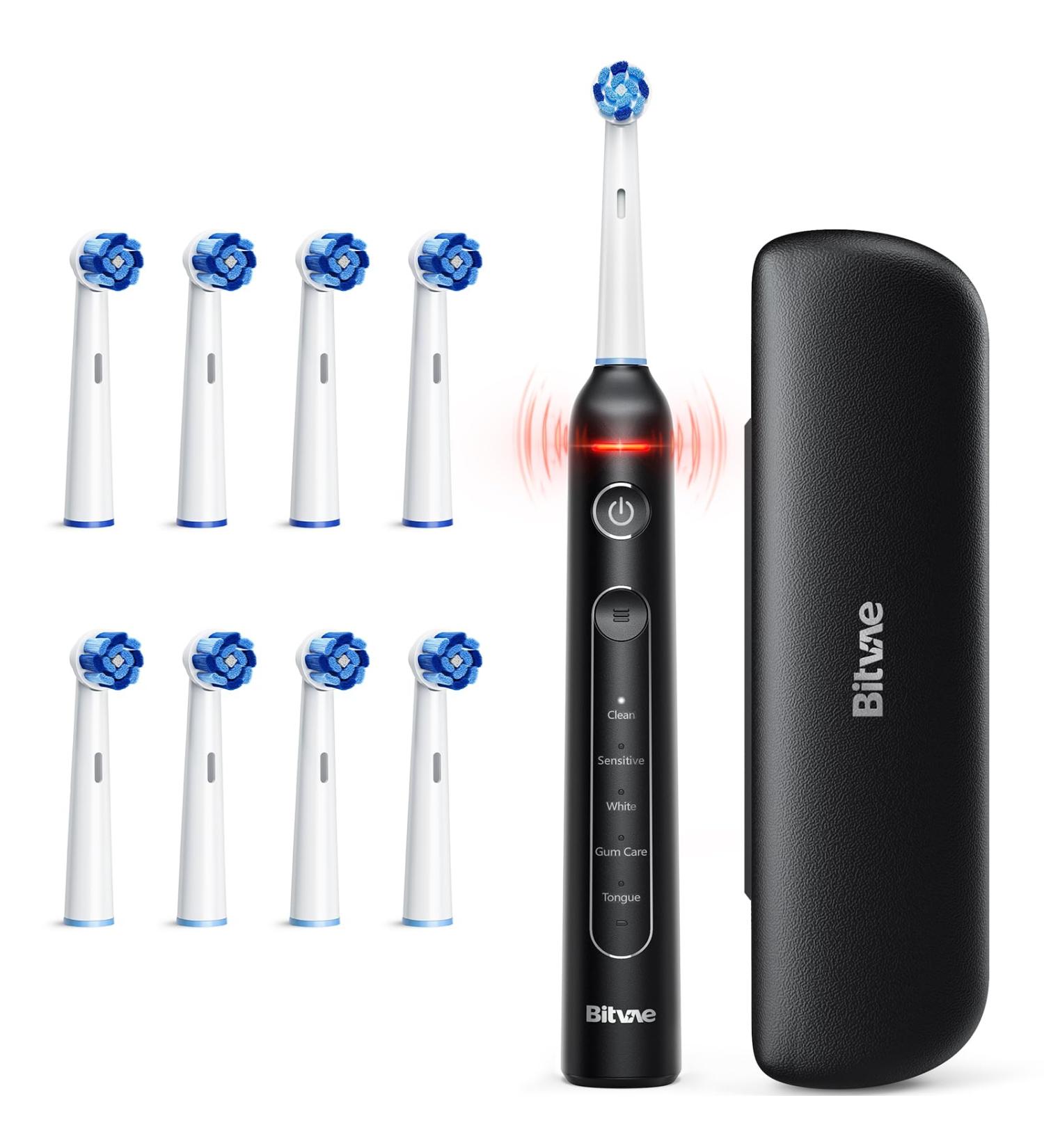 Bitvae Rotating Electric Toothbrush for Adults with Pressure Sensor Black 12 Piece Set