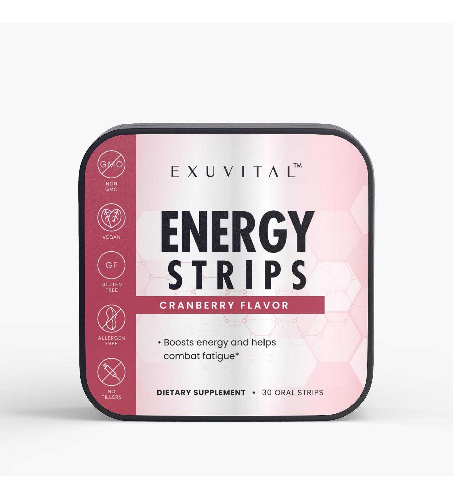 EXUVITAL Energy Strips for Daily Focus, Strength, and Power and Energy Boost, 30 Oral Strips, Cranberry Flavor, L-Theanine, Caffeine - Buy Online on GoSupps.com