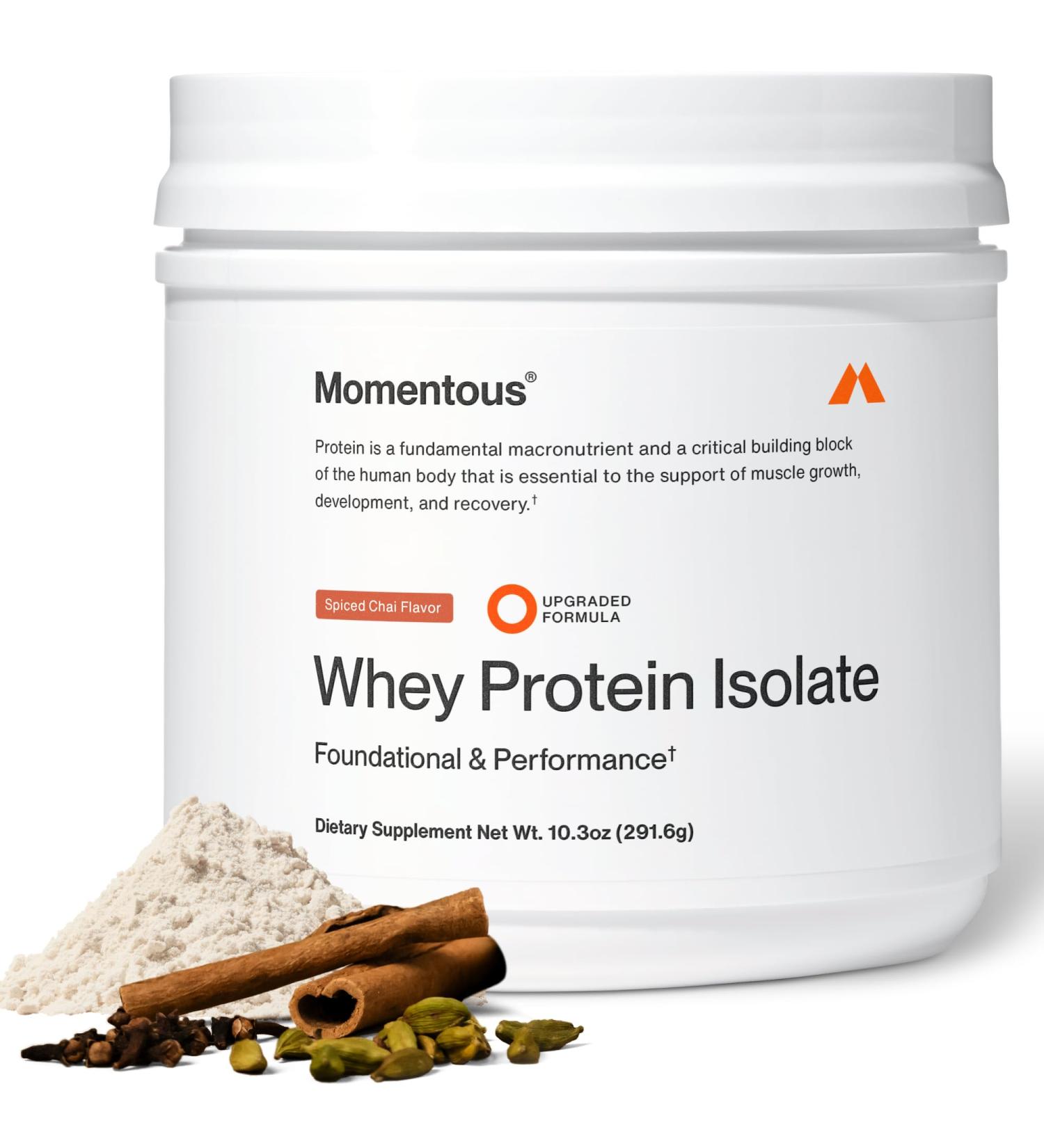 Momentous Essential Grass-Fed Whey Protein Powder - 20 g Whey Isolate Protein - NSF Certified for Sport - Gluten-Free - 12 Servings for Essential Everyday Use - Spiced Chai - Package May Vary - Buy Online on GoSupps.com