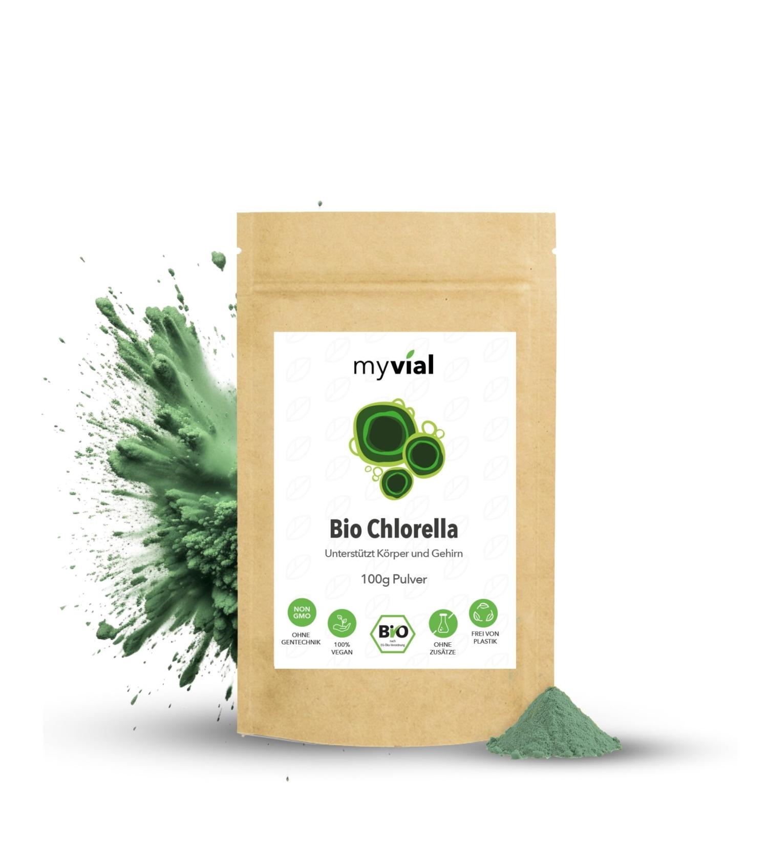 Myvial Bio Chlorella Powder 100g - Vegan Additive-Free Plastic-Free Rich in Vitamin B12 & Iron - Premium Chlorella Vulgaris Algae Powder for Optimal Health - Buy Online on GoSupps.com