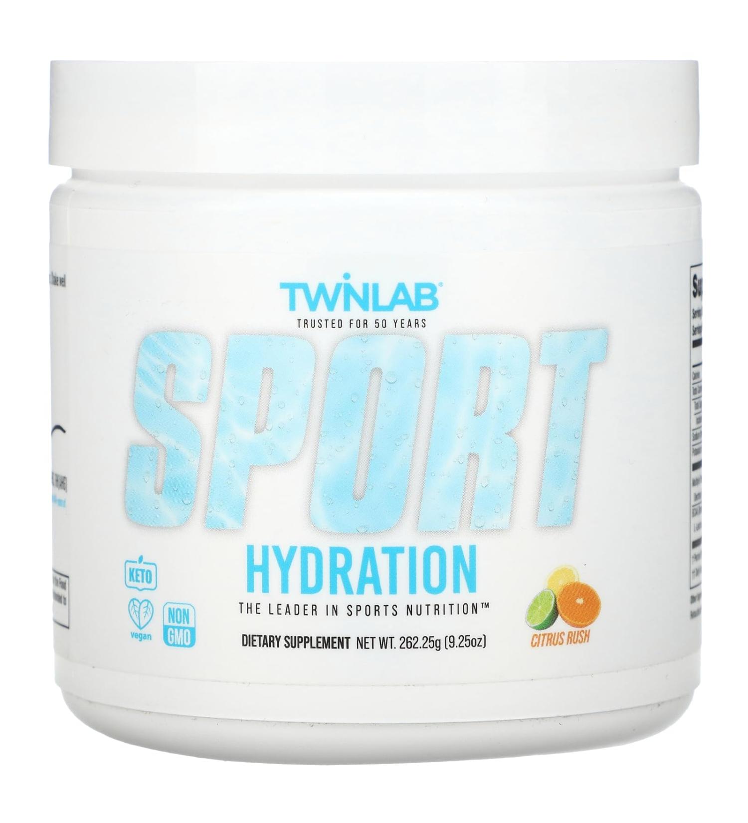 Twinlab Sport Hydration - Natural Electrolyte Powder Drink Mix to Support Hydration - Includes BCAA s L-Arginine Astaxanthin & Carbohydrates - Orange Rush 9.25 oz 25 Servings