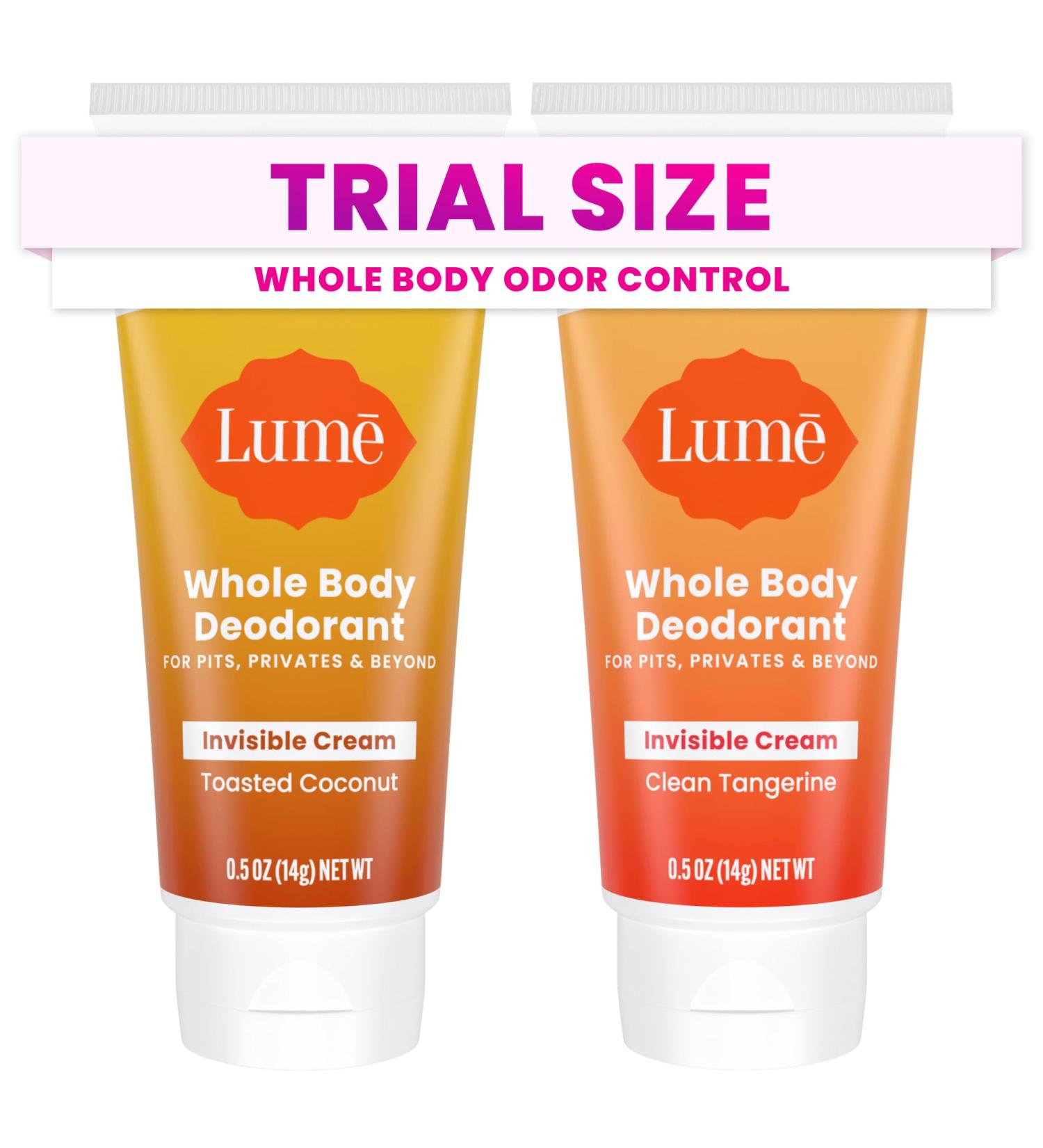 Lume Whole Body Deodorant - Mini Travel Size Invisible Cream Tube - Trial Size - 72 Hour Odor Control - Doctor Developed - Aluminum & Baking Soda Free - .5oz (2 Pk) (Toasted Coconut & Clean Tangerine) - Buy Online on GoSupps.com