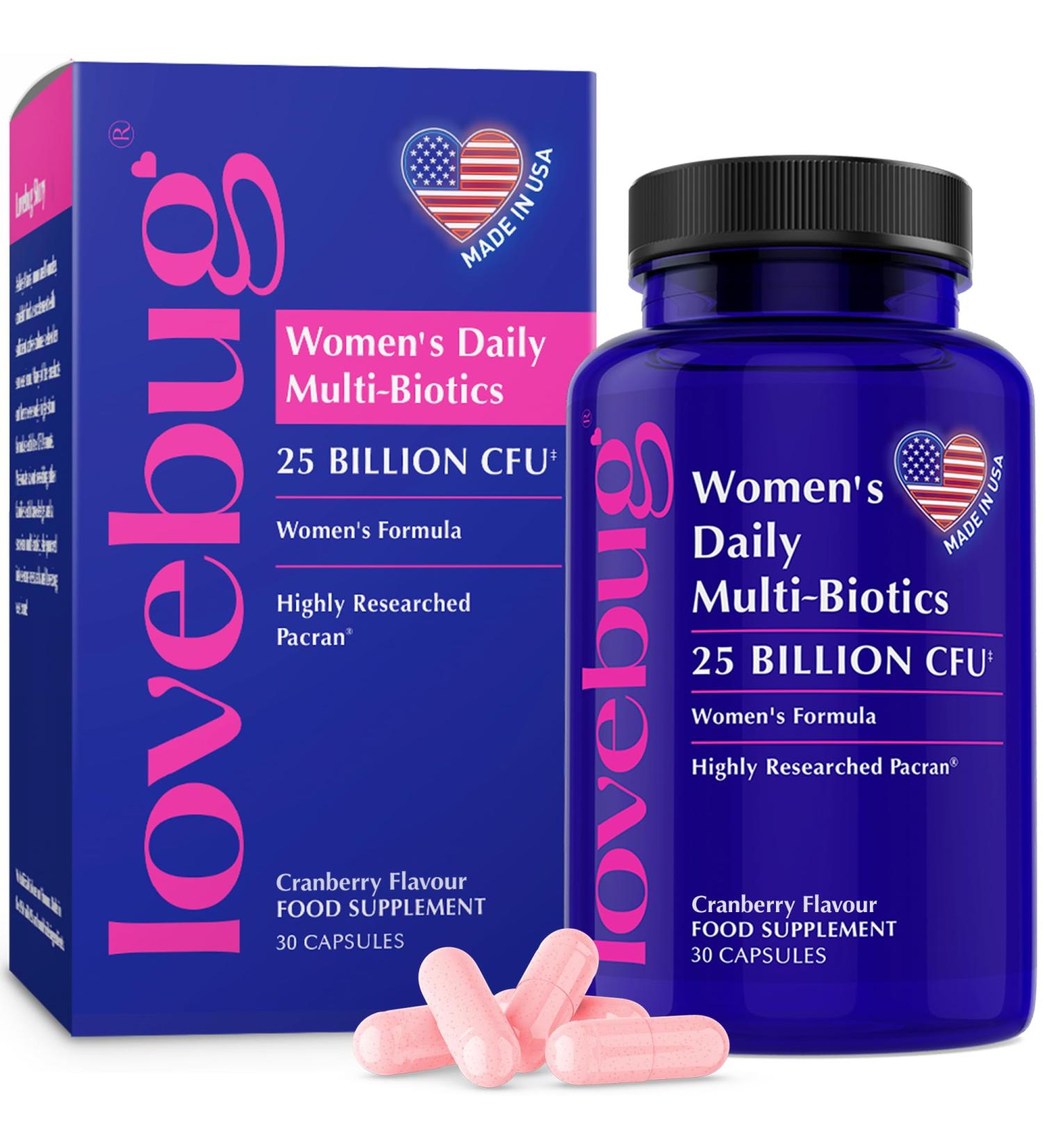 Lovebug Women s Daily Multi-Biotics | Clinically Studied Ingredients | Multi-Strain 25 Billion CFU | 30 Capsules Cranberry Flavoured
