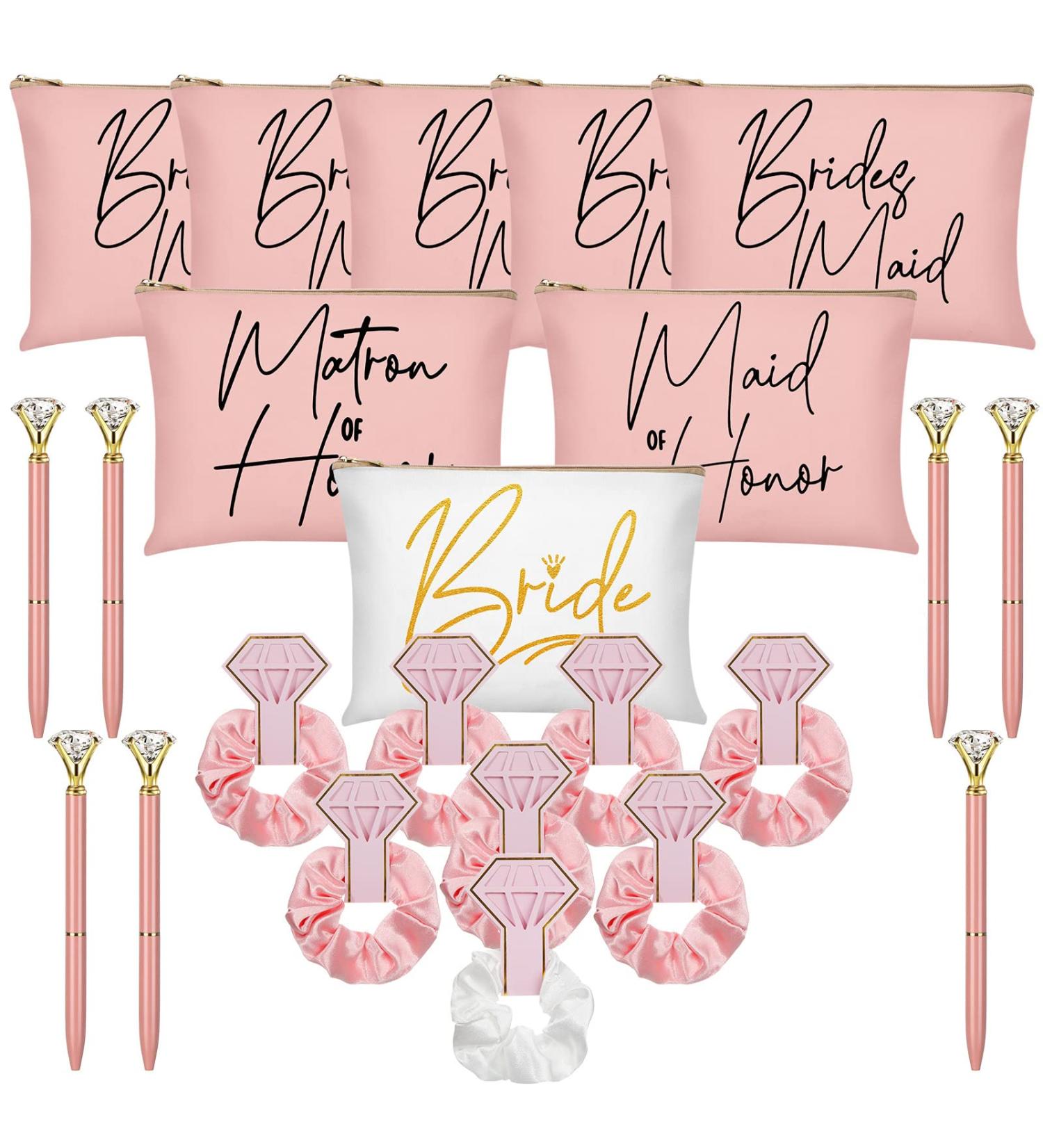 24 Pcs Bridesmaid Gifts Set - Canvas Makeup Bags, Hair Scrunchies, Diamond Pens for Bridal Shower Wedding - Pink & White Theme - Buy Online on GoSupps.com