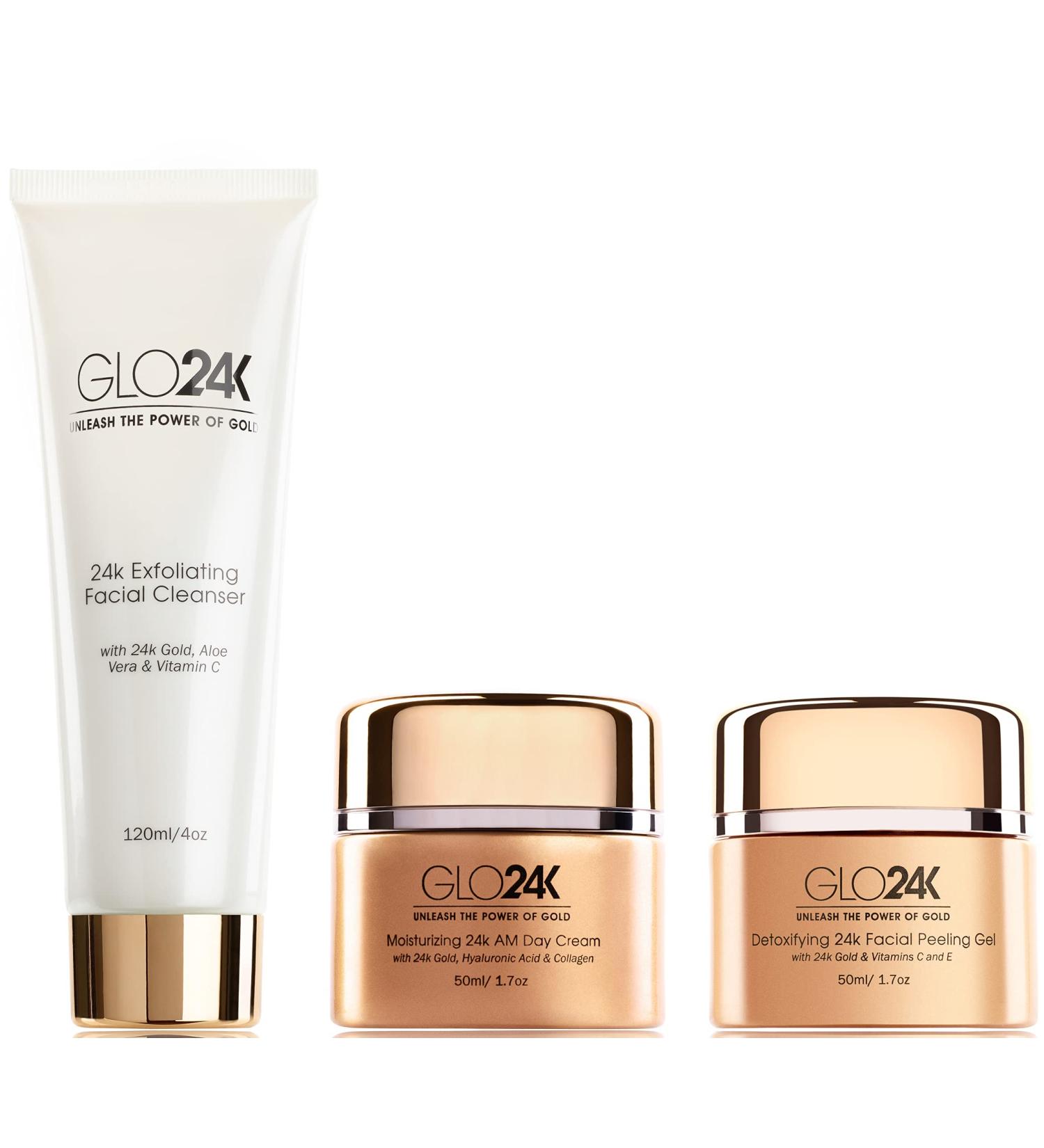 Shop GLO24K 24k Gold Moisturizing Day Cream & Exfoliating Facial Cleanser Set - Anti-Aging Skincare for Radiant Skin - Buy Online on GoSupps.com