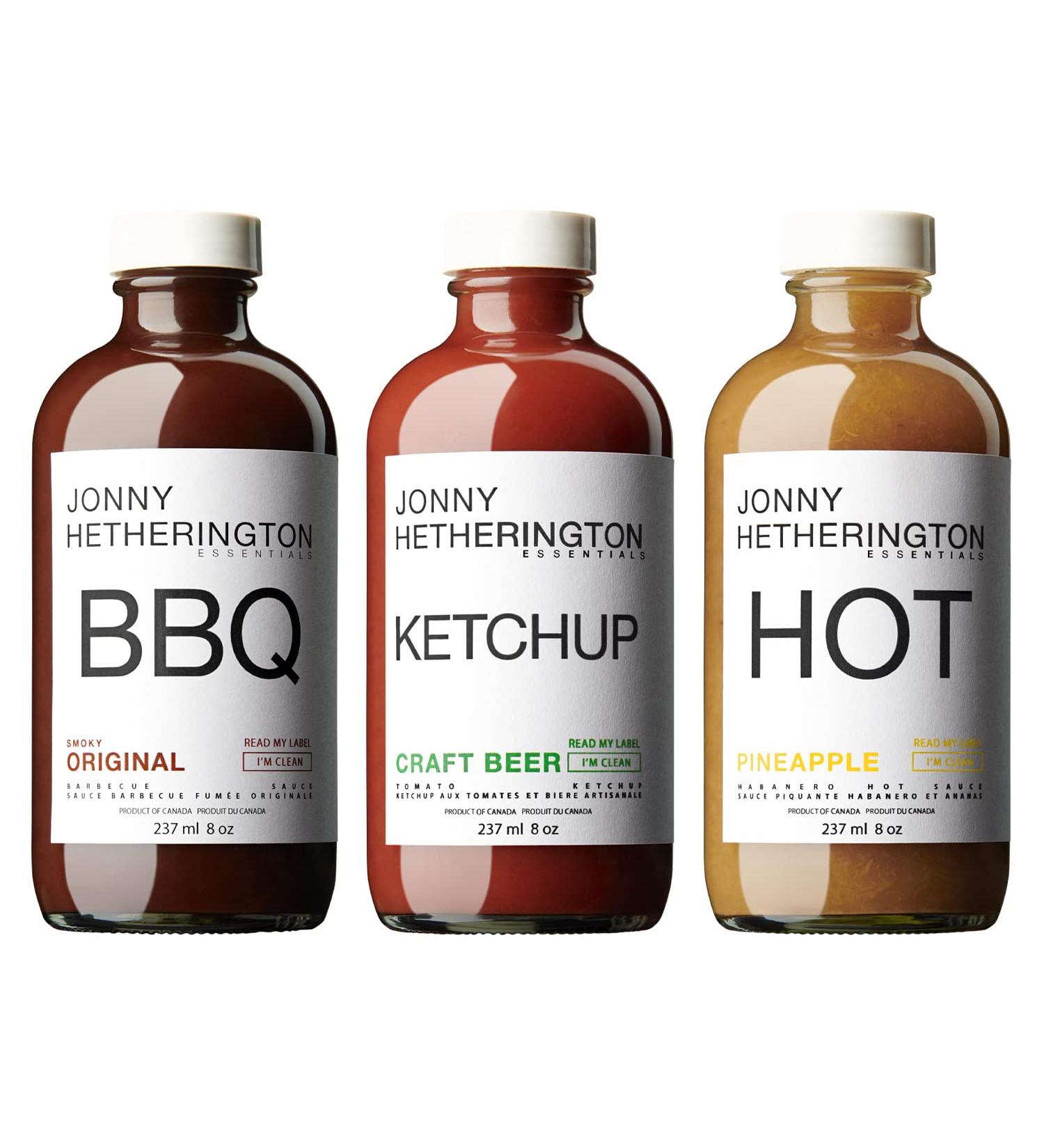 Jonny Hetherington Essentials Fan Fave Trio 3-Count | All-Natural Ingredients | No Additives/Preservatives | Original Smoky BBQ Craft Beer Ketchup & Pineapple Habanero Hot Sauce | 237mL 8oz (Glass Bottle)