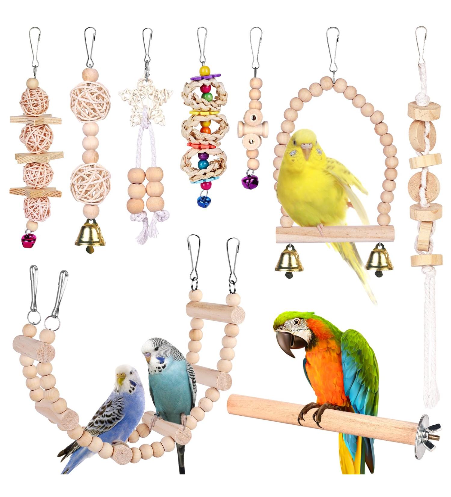 Vegan 9-Piece Bird Toys Set - Wooden Ladder with Landing Site for Budgies Parrots and Cockatoos - Colorful Cage Accessories - Buy Online on GoSupps.com