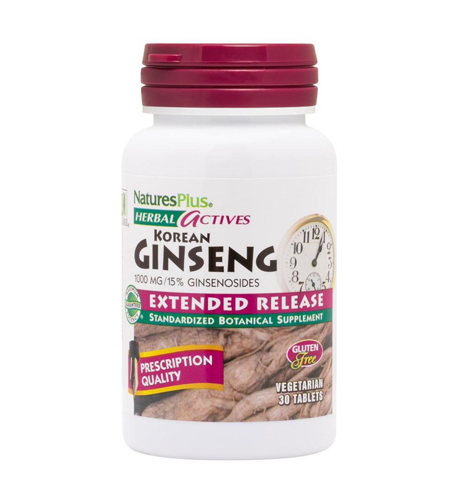 NaturesPlus Herbal Actives Korean Ginseng Extended Release - 1000 mg 30 Vegan Tablets - Adaptogenic Herbal Supplement Antioxidant - Vegetarian Gluten-Free - 30 Servings - Buy Online on GoSupps.com