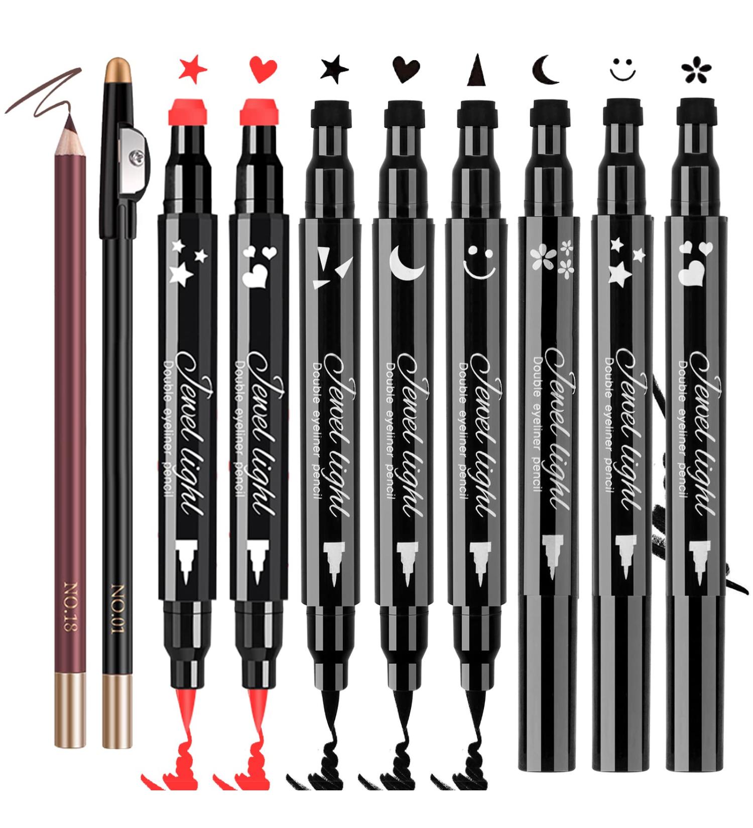 10 Pack Liquid Eyeliner Stamp Set | Waterproof Smudgeproof Long Lasting Pen | 8 Eyeliner Stamps, 2 Eyebrow Pencils | Variety of Designs - Buy Online on GoSupps.com