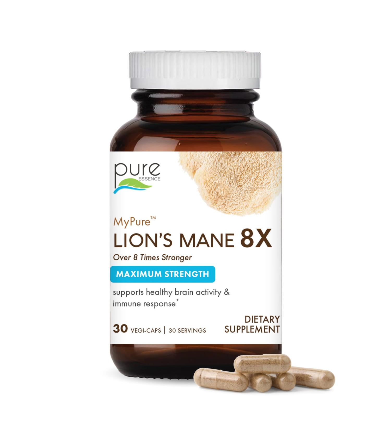 PURE ESSENCE LABS MyPure Lion's Mane 8X - Max Strength Brain Support with 100% Fruiting Body Organic Lion's Mane for Ultimate Cognitive Performance, Focus, and Mental Clarity, 30 Capsules - Buy Online on GoSupps.com