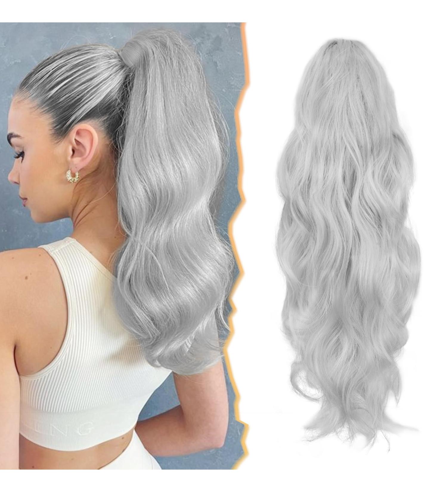 BARSDAR Long Wavy Grey Ponytail Extension 20'' - Synthetic Clip in Hairpiece for Women - Icy Silver Grey - Buy Online on GoSupps.com