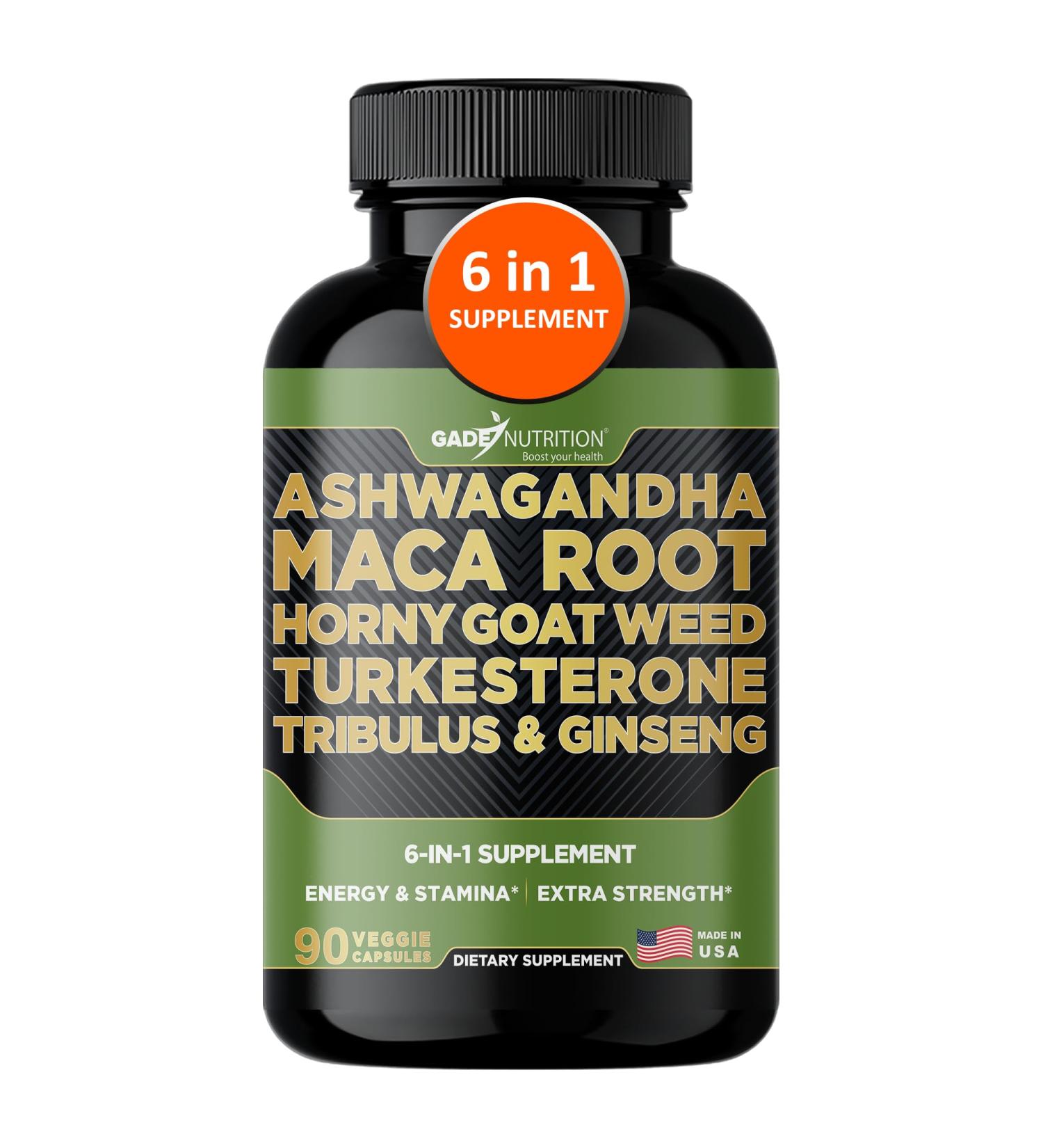 Gade Nutrition Ashwagandha with Maca Root Horny Goat Weed Turkesterone Supplement Tribulus Terrestris Panax Ginseng | 90 Vegetable Capsules for Energy Stamina Performance. | Made in USA - Buy Online on GoSupps.com