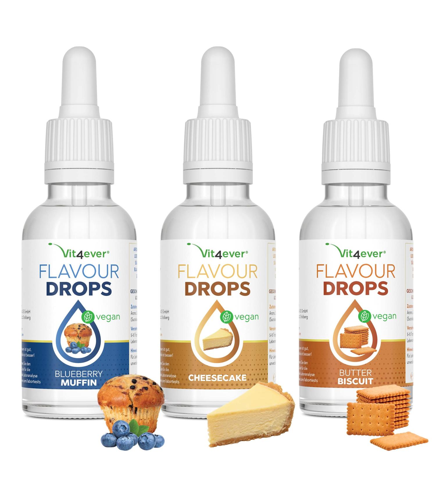 Flavor Drops Bundle (3x50ml) - Cake Dream: Blueberry Muffin Cheesecake & Butter Biscuit - Zero Calorie Taste - Buy Online on GoSupps.com