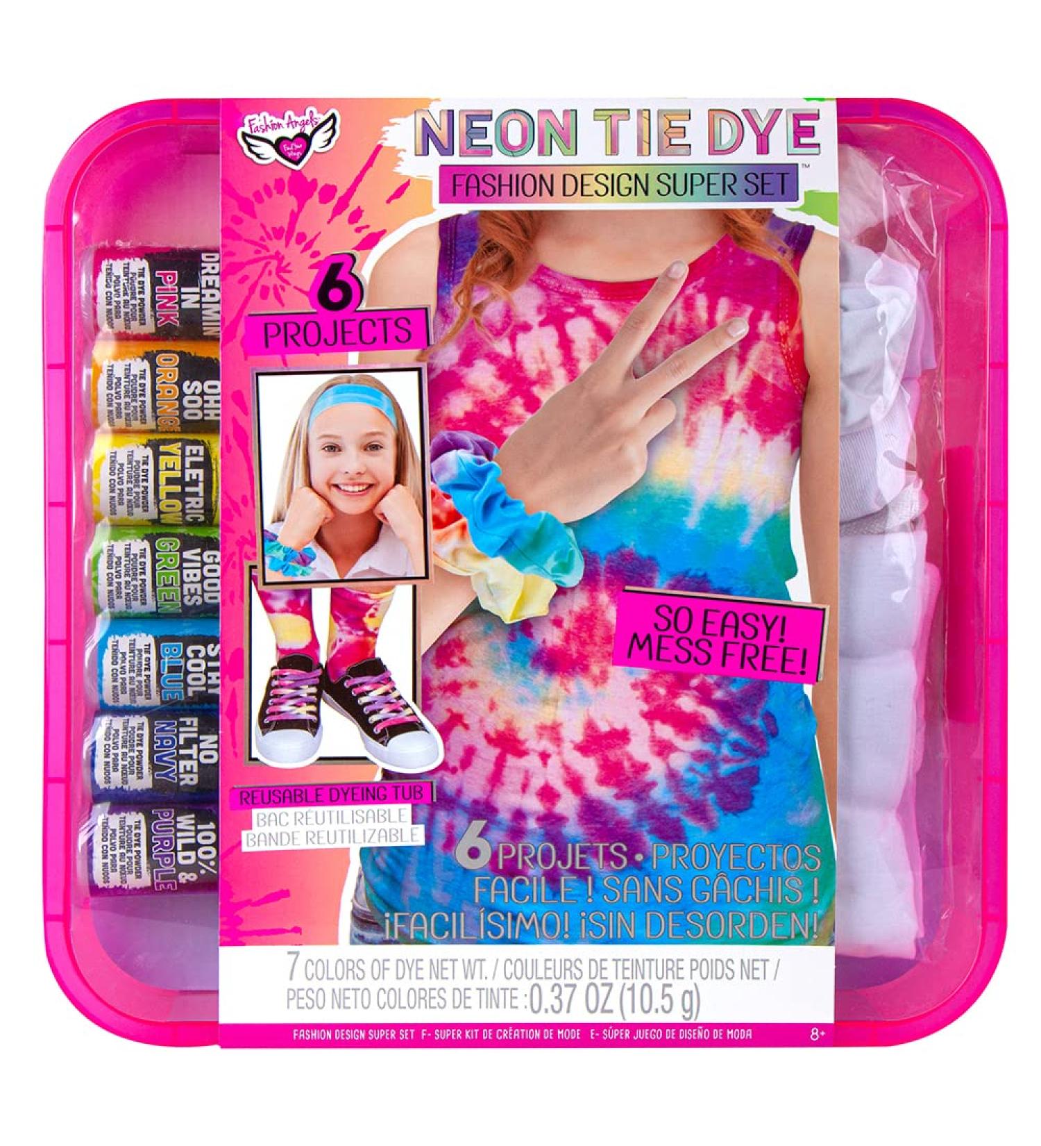 Fashion Angels Tie Dye Super Set - DIY Kit for Kids | Complete All-in-One Tie Dye Set with Gloves, Bands, Non-Toxic Dyes | 6 Projects, Just Add Water | Ages 8+ | Neon Colors - Buy Online on GoSupps.com