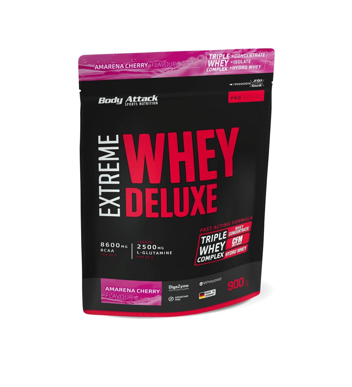 Body Attack Extreme Whey Deluxe - Amarena Cherry Cream 900g | Premium German Protein Powder with Amino Acids & Triple Whey Complex | Low-Fat & Sugar-Free - Buy Online on GoSupps.com