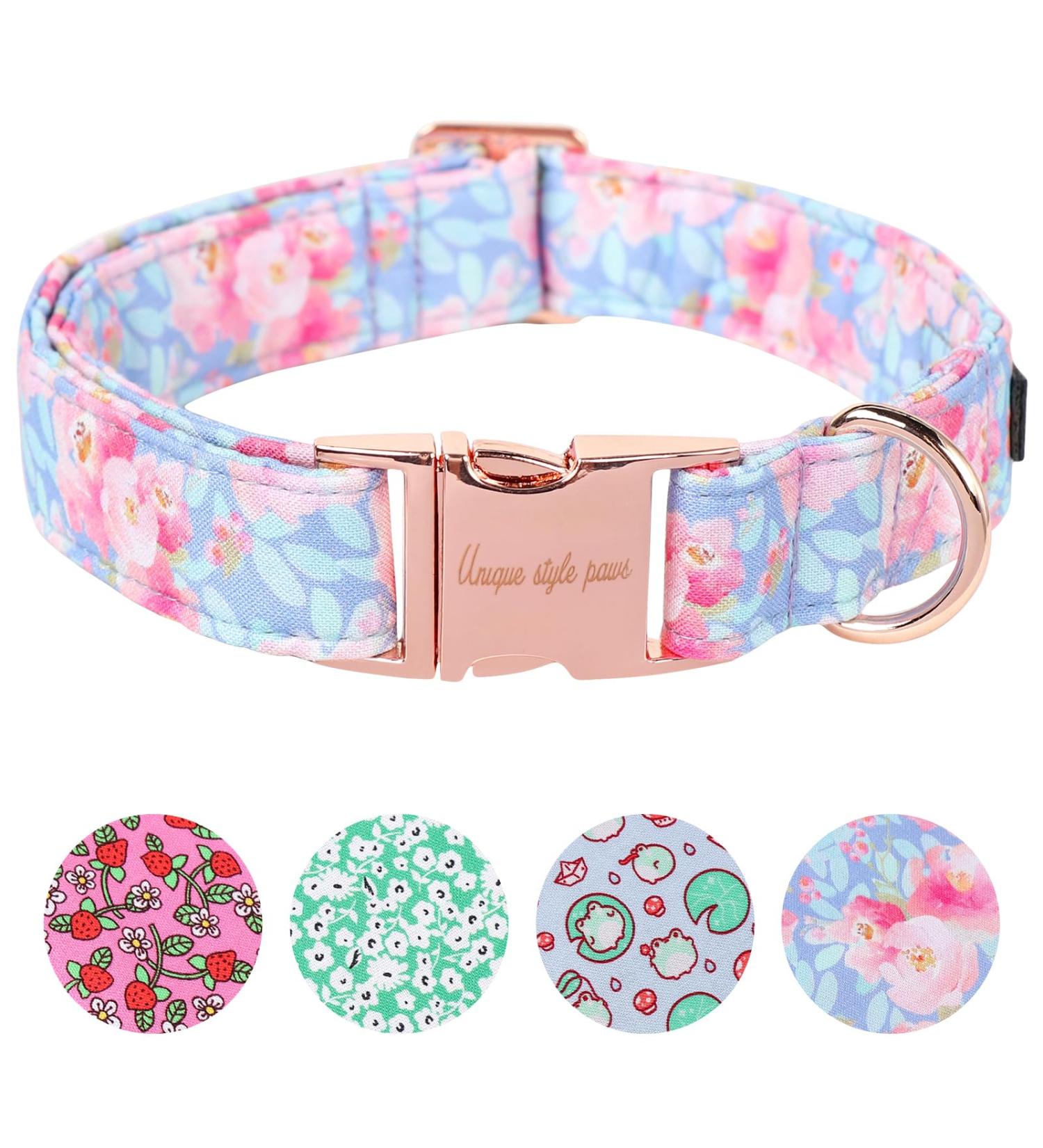 Unique Style Paws Summer Dog Halsband - Blue Linen & Pink Flower Wide Chain Collars for Small Medium Large & XL Dogs - Perfect Gifts! - Buy Online on GoSupps.com
