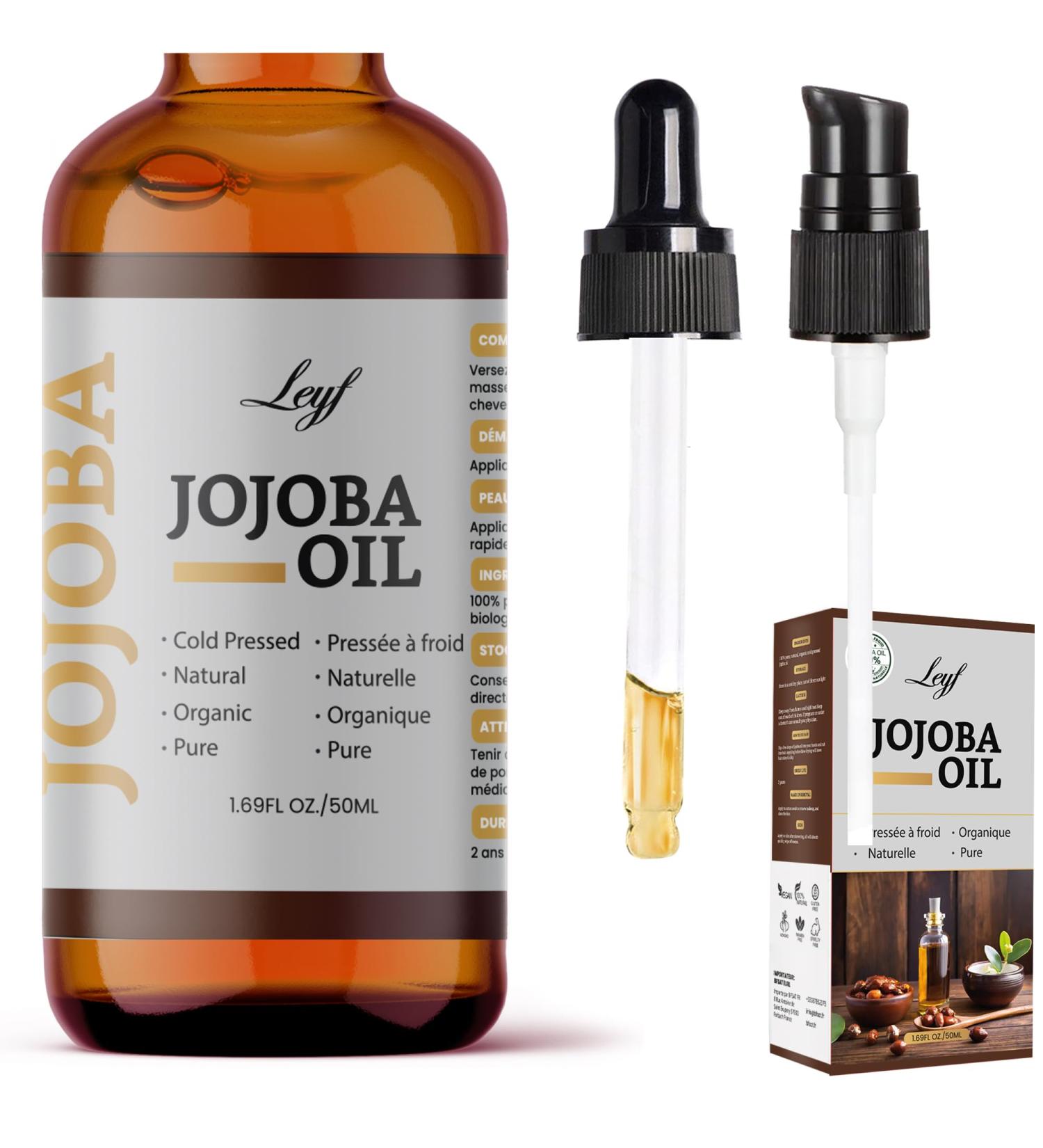 Leyf Organic Jojoba Oil 50ml 100% Pure Vegan Body Hair Face Nail Glass Bottle + Glass Pipette + Pump Moisturizing Care Food Dispenser Body Oil - Buy Online on GoSupps.com