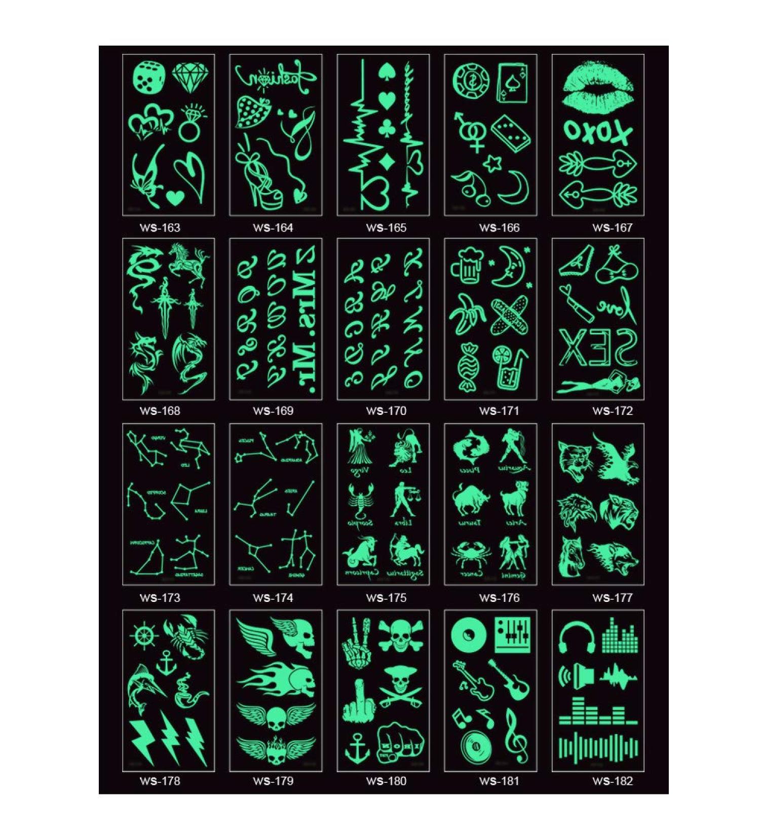 Glow In Dark Temporary Tattoo Stickers - 20 Sheets | Luminous Fluorescent Waterproof Body Art Transfers for Party, Festival & Club | Fun DIY Decoration Accessories - Buy Online on GoSupps.com